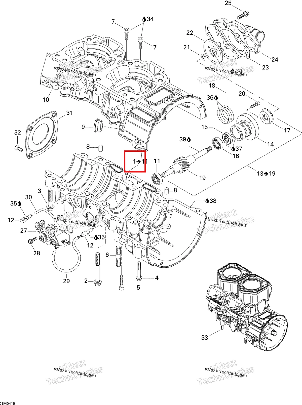 Схема применяемости: Картер двигателя в сборе включает items 1 to 11 Ski-Doo 420889611