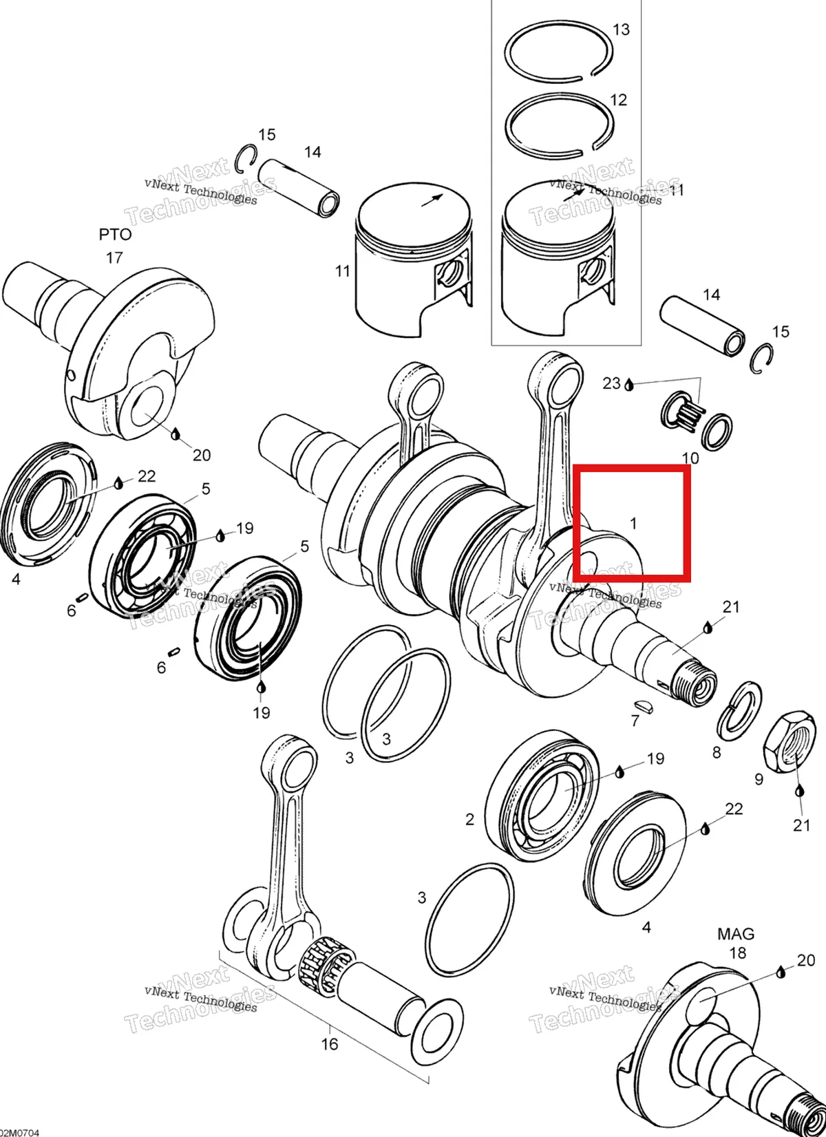 Деталь 420889630 (Деталь Crankshaft. Include 1 To 7) на схеме узла 2007 Ski-Doo Skandic LT 440F Crankshaft And Pistons
