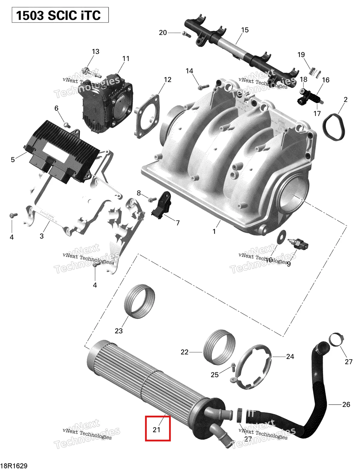 Деталь 420889654 (Intercooler Sea-Doo GTX (2016) (420889654)) на схеме узла 2016 Sea-Doo GTI-GTR-GTS Air Intake Manifold And Throttle Body - 215