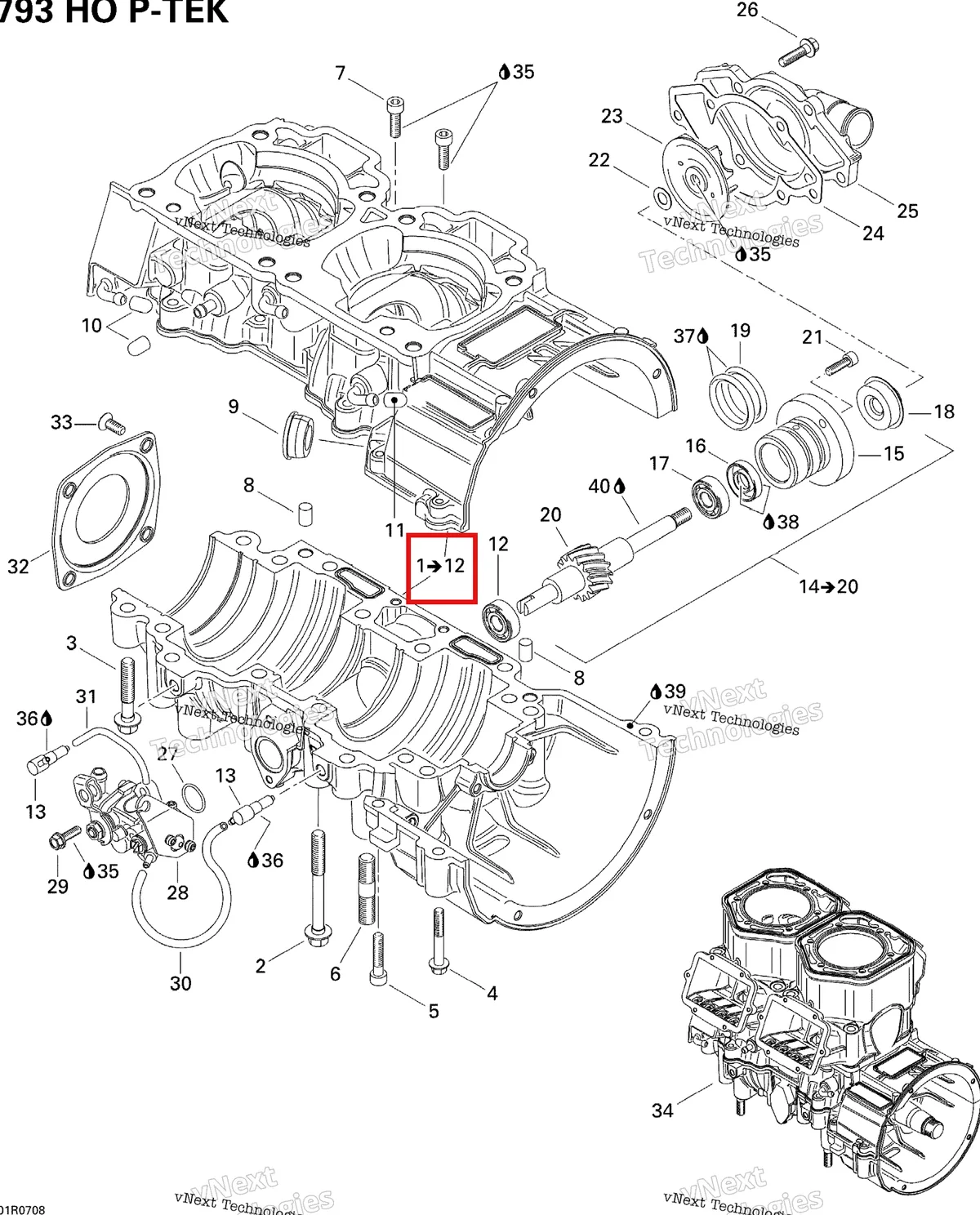 Деталь 420889686 (Деталь Crankcase Assy. Includes Items 1 Thru 12) на схеме узла 2007 Ski-Doo MX Z XRS 800 HO PTEK Crankcase, Water Pump And Oil Pump