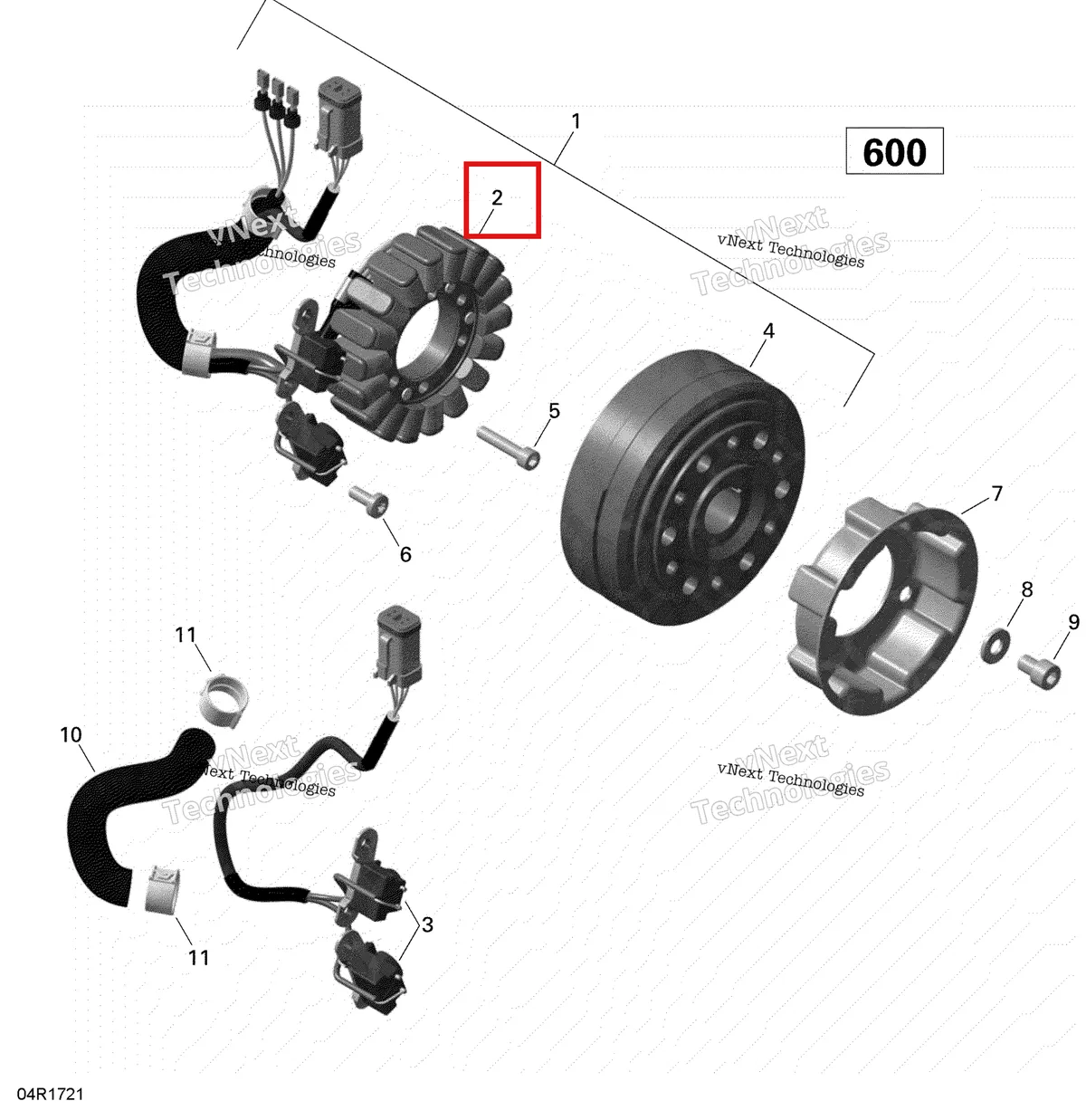 Деталь 420889904 (Деталь Stator With Trigger Assy) на схеме узла 2020 Ski-Doo MXZ 600 CARB Electric - Magneto - 600 Carb