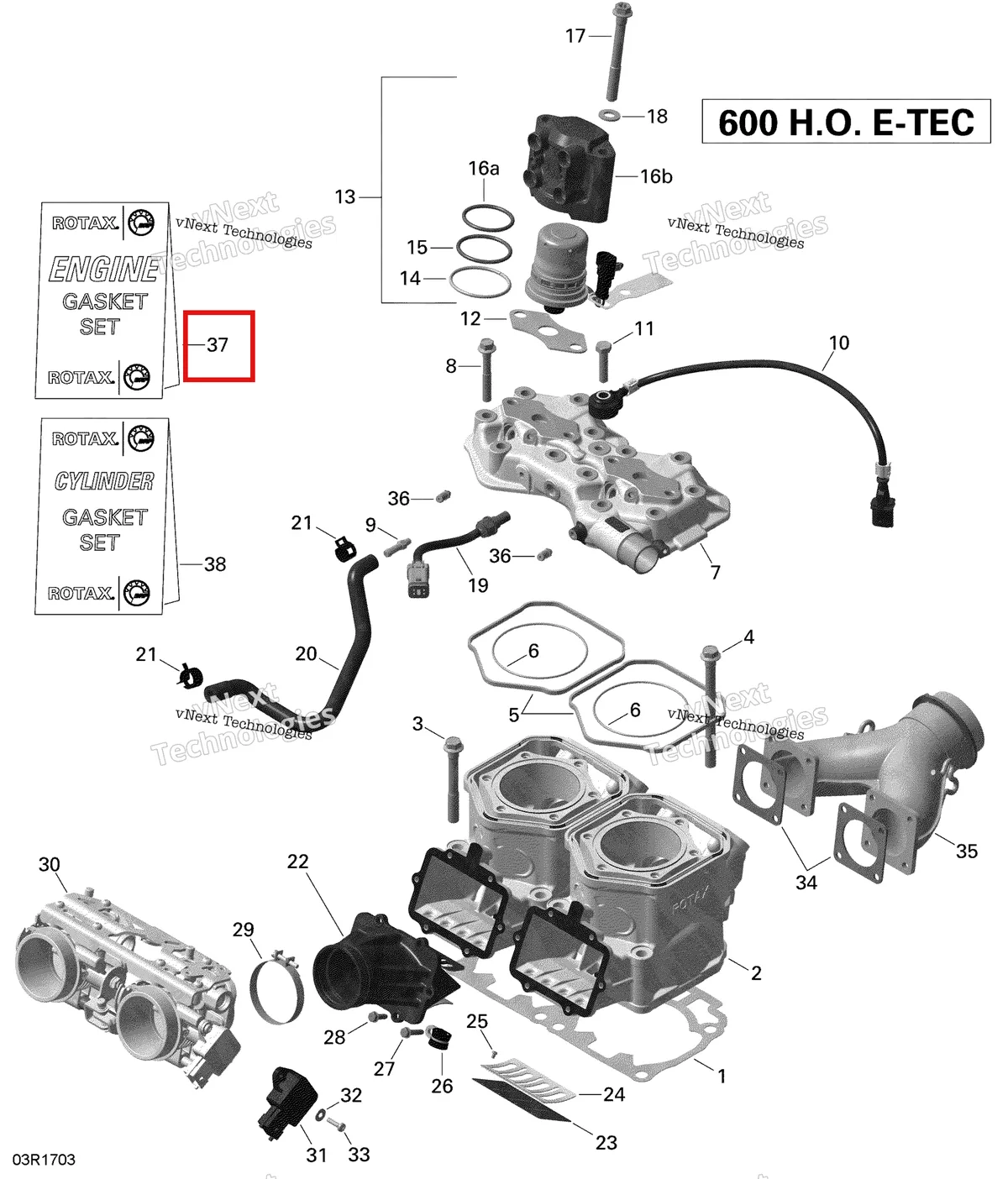 Деталь 420889924 (Прокладки Двигателя Комплект) на схеме узла 2020 Ski-Doo SKANDIC WT 600HO E-TEC Engine - Cylinder And Injection System - 600Ho E-Tec