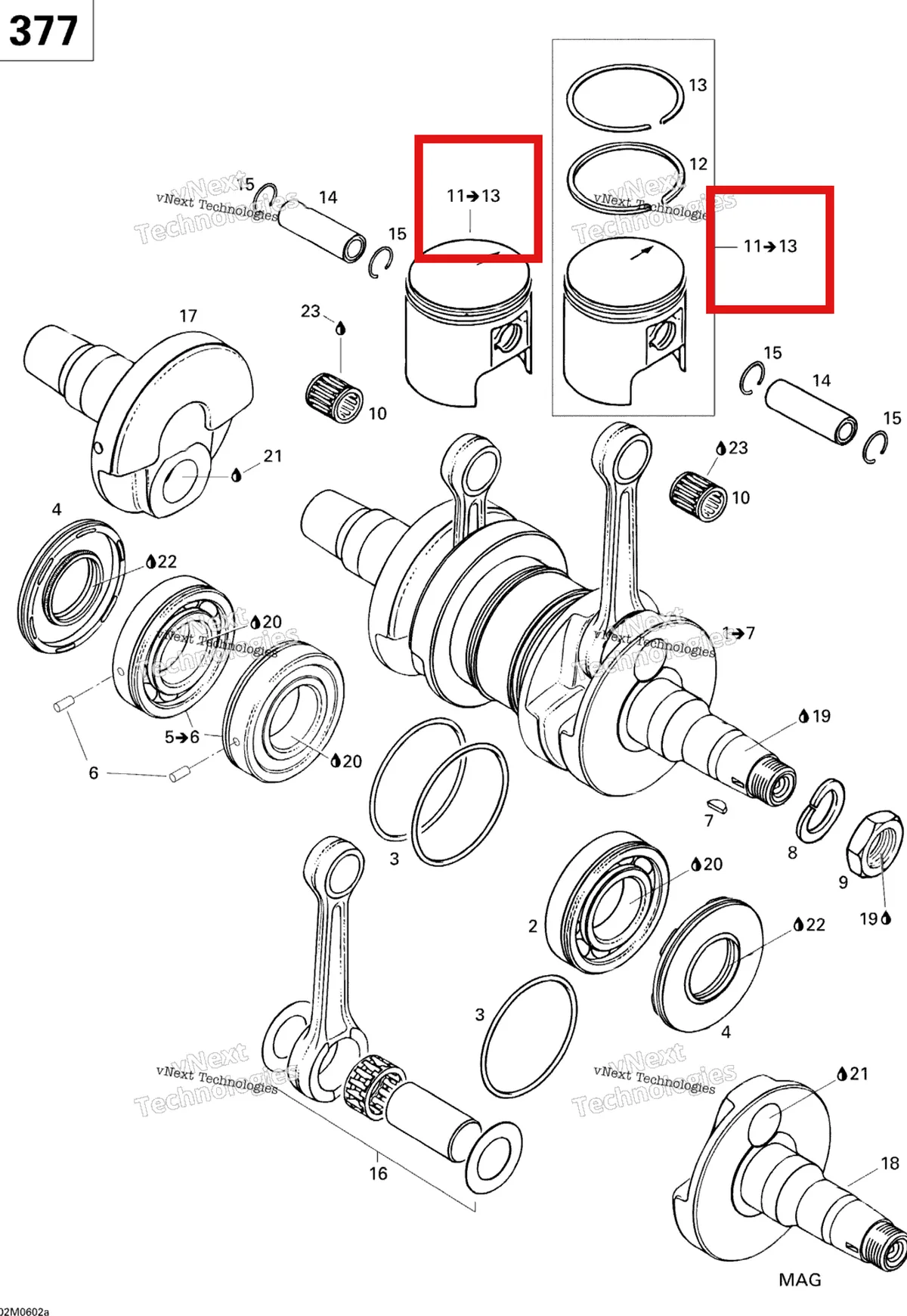 Деталь 420890062 (Деталь Piston Assy, 62.43mm. Includes 11 To 13) на схеме узла 2006 Ski-Doo GSX 380F Crankshaft And Pistons Gsx 377