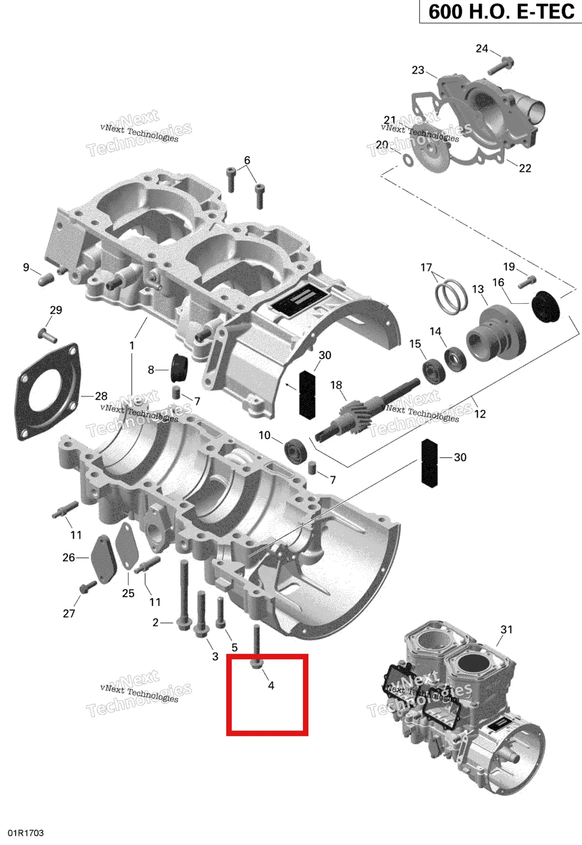 Деталь 420890229 (Деталь Crankcase Ass'y. Includes 1 To 10) на схеме узла 2020 Ski-Doo SKANDIC WT 600HO E-TEC Engine - Crankcase And Water Pump - 600Ho E-Tec