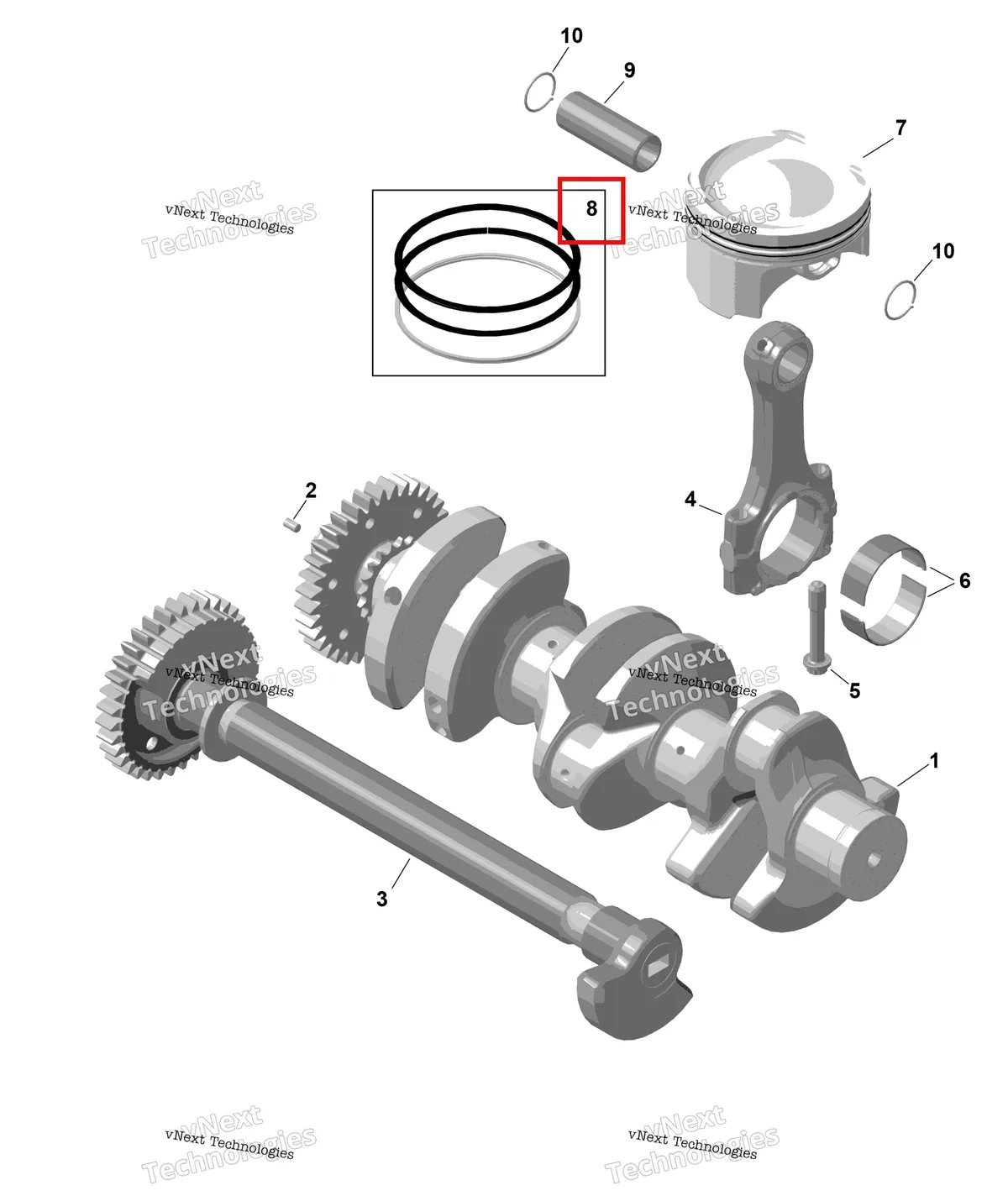 Деталь 420890385 на схеме узла 2026 Sea-Doo GTR - 300 - X - 24TB - Eclipse Black - Audio Rotax - Crankshaft And Pistons