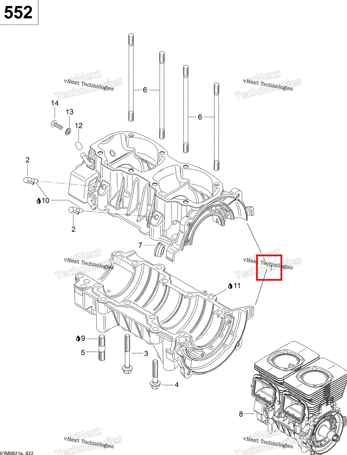 Деталь 420891061 (Картер) на схеме узла 2008 Ski-Doo Skandic SWT 550F Crankcase Swt 550F