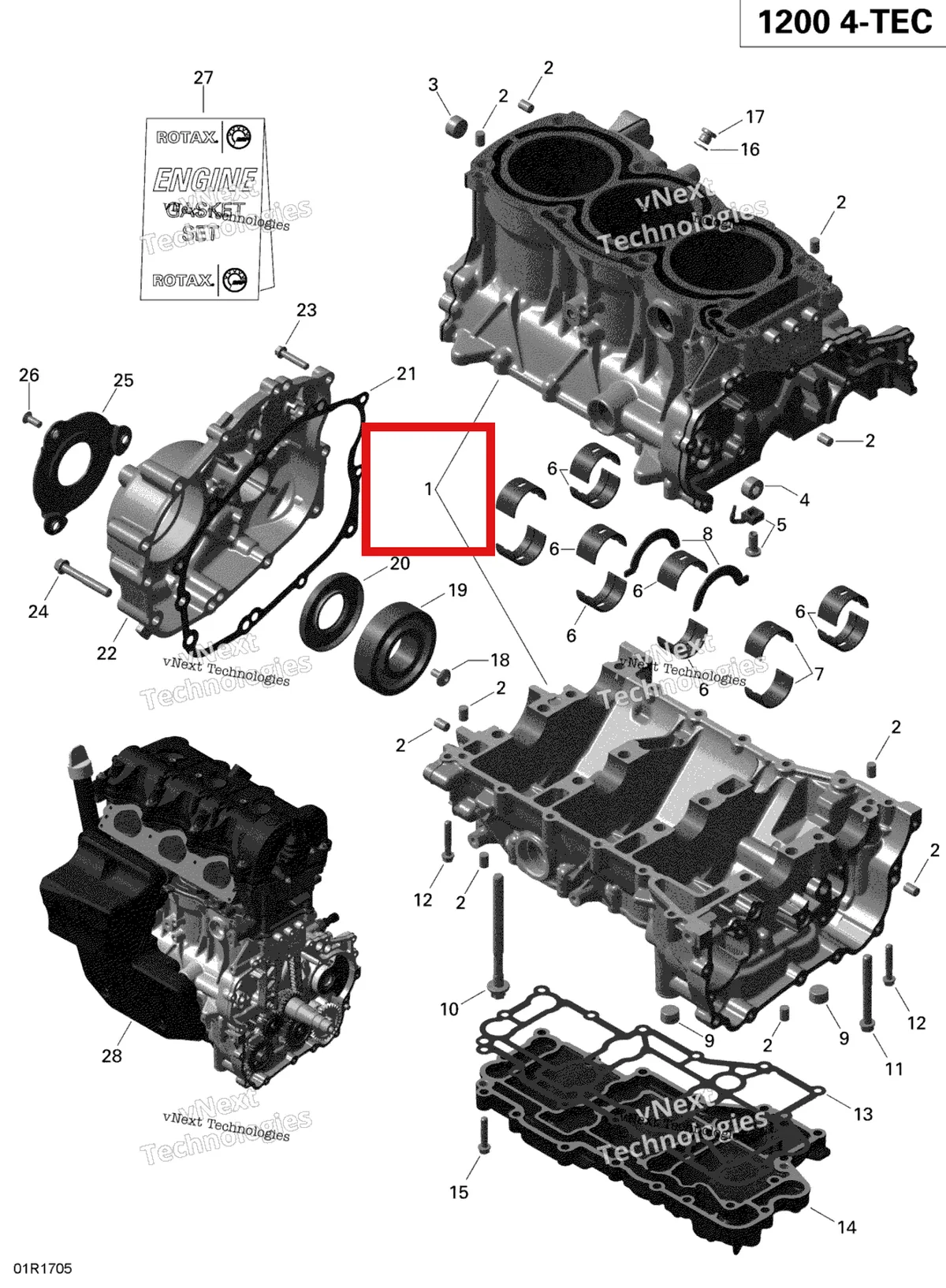 Деталь 420891887 (Деталь Engine Block Ass'y. Includes 1 To 7) на схеме узла 2019 Ski-Doo EXPEDITION LE-SE 1200 4-TEC Crankcase - 1200 Itc 4-Tec