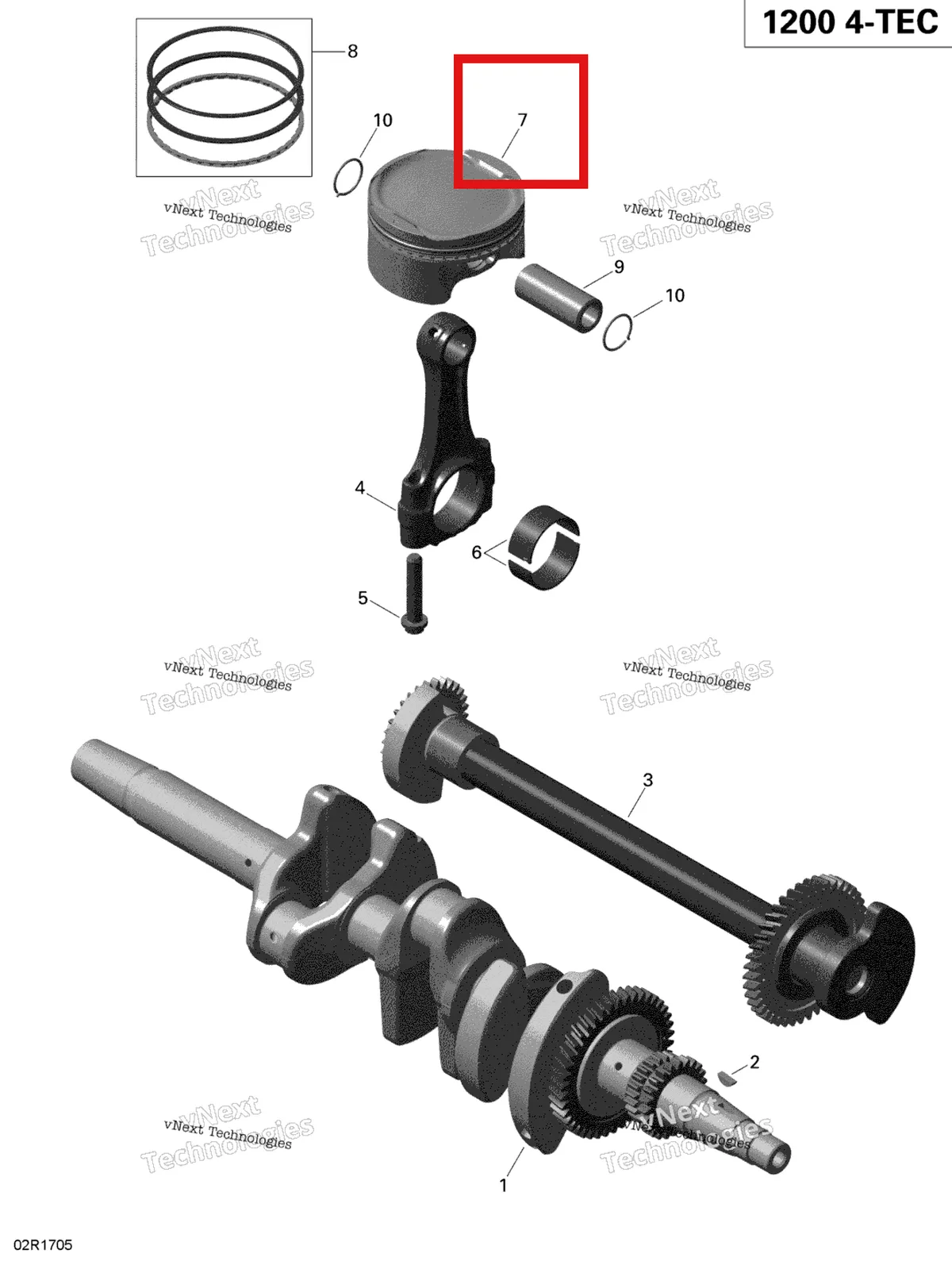 Деталь 420891890 (Деталь Piston Ass'y. Includes 7 To 8) на схеме узла 2019 Ski-Doo EXPEDITION LE-SE 1200 4-TEC Crankshaft, Pistons And Balance Shaft - 1200 Itc 4-Tec