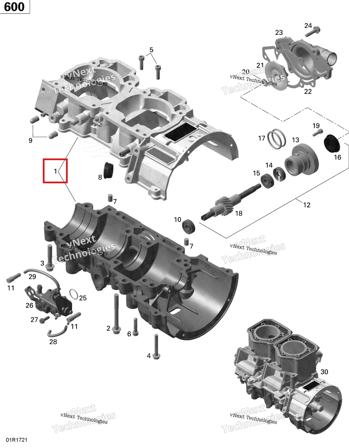 Деталь 420892241 (Деталь Crankcase Ass'y. Includes 1 To 12) на схеме узла 2020 Ski-Doo MXZ 600 CARB Engine - Crankcase, Water Pump And Oil Pump - 600 Carb