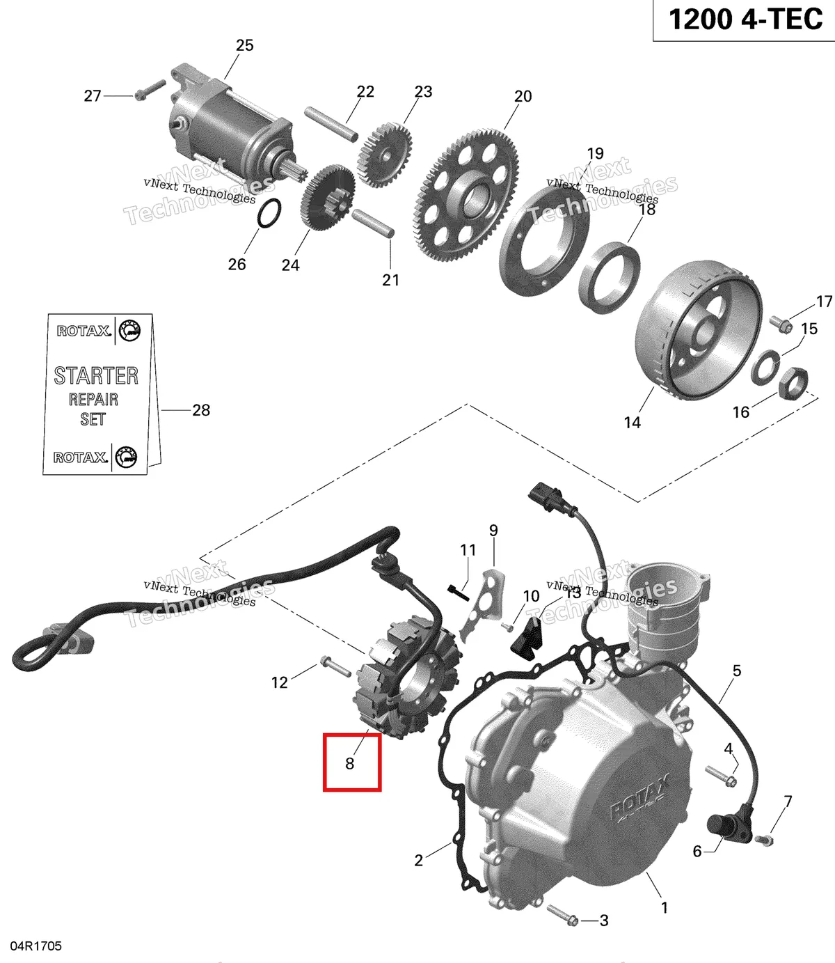 Деталь 420892378 (Статор.(490w, 14в). Включает 8 До 11) на схеме узла 2019 Ski-Doo EXPEDITION LE-SE 1200 4-TEC Magneto And Electric Starter - 1200Itc 4-Tec