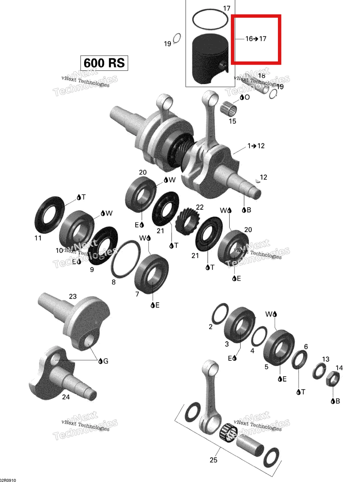 Деталь 420892381 (Деталь Piston 71.89 Mm. Includes 16 To 17) на схеме узла 2009 Ski-Doo MX Z X 600RS Crankshaft And Pistons