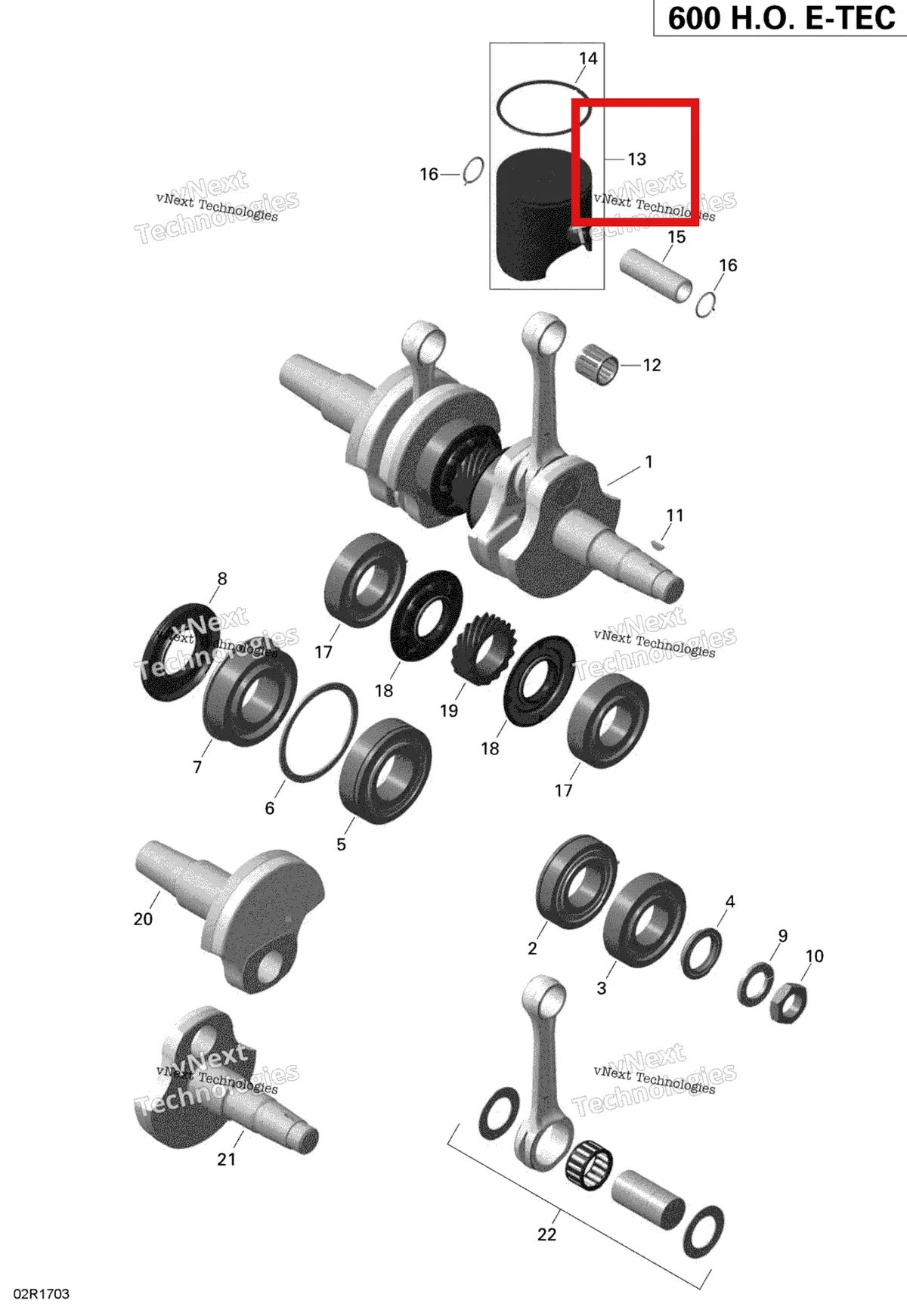 Деталь 420892388 (Поршень + кольца) на схеме узла 2020 Ski-Doo TUNDRA 600HO E-TEC Engine - Crankshaft And Pistons - 600Ho E-Tec