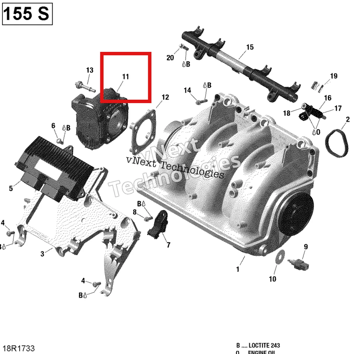 Деталь 420892591 (Дроссельный узел Sea-Doo GTX (2016) (420892591)) на схеме узла 2017 Sea-Doo GTX Air Intake Manifold And Throttle Body - 155 Model With Suspension