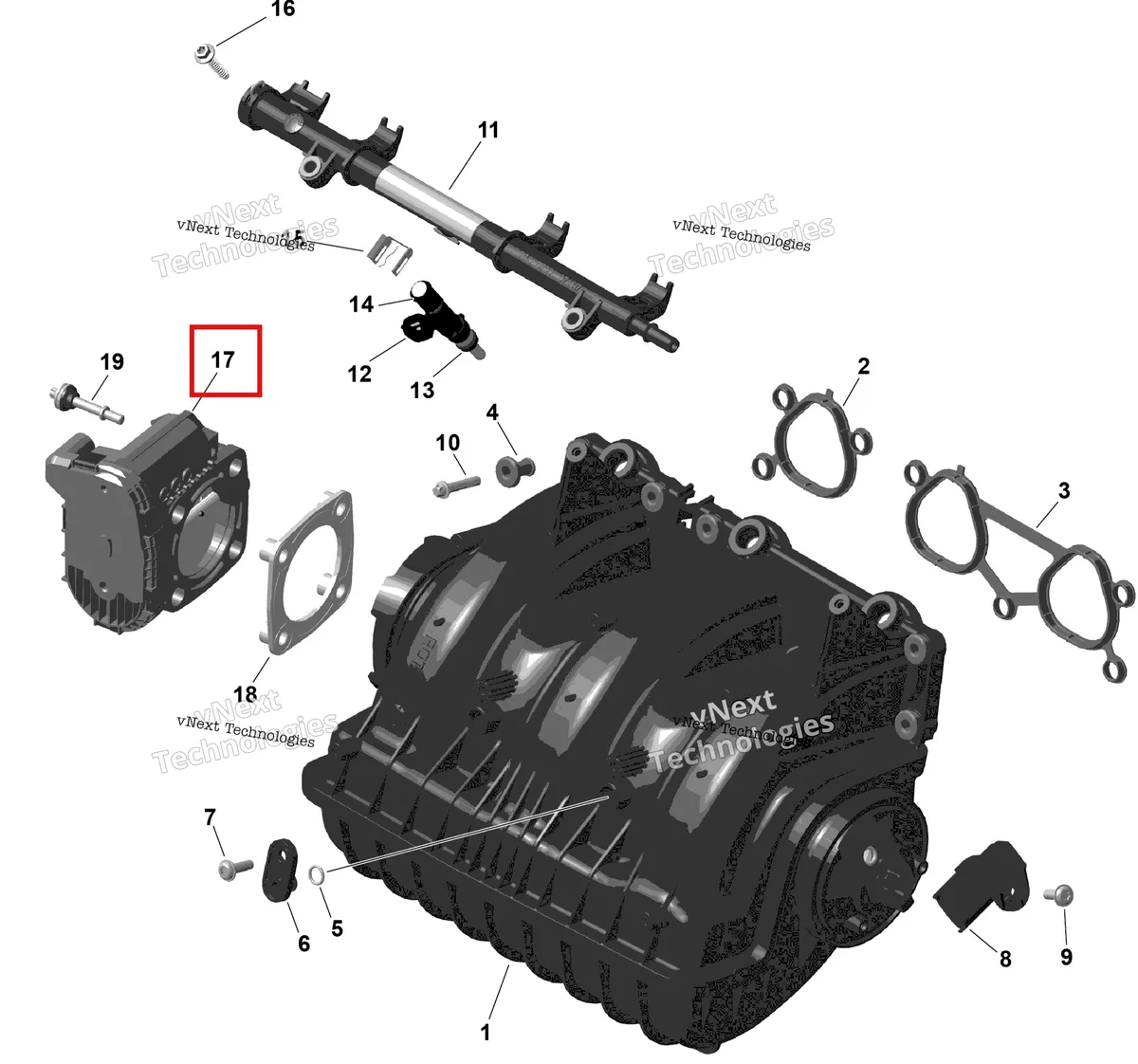 Деталь 420892592 на схеме узла 2026 Sea-Doo GTR - 230 - STD - 36TC - Eclipse Black Rotax - Air Intake Manifold And Throttle Body