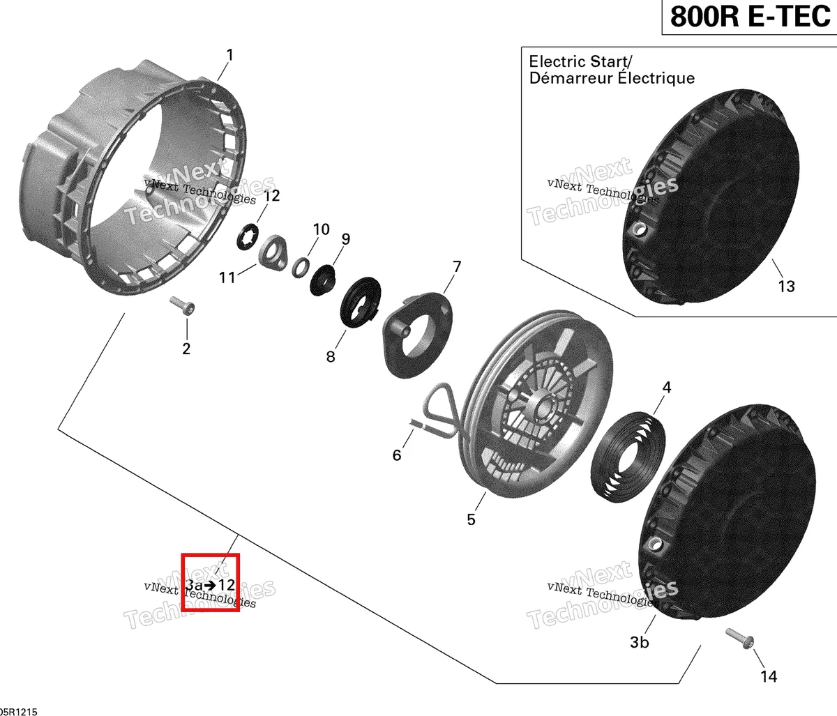 Деталь 420892616 (Деталь Rewind Starter Ass'y. Includes 3a To 12, Manual Start) на схеме узла 2012 Ski-Doo Freeride 137 & 146 & 154 800RETEC XP Rewind Starter