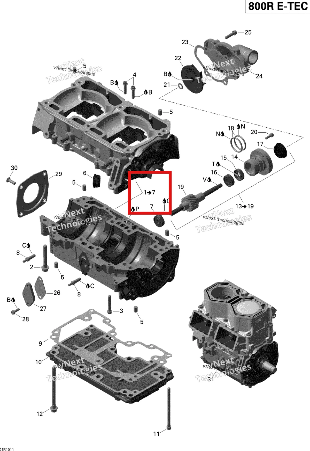 Деталь 420893081 на схеме узла 2010 Ski-Doo MX Z X 800R ETEC Crankcase And Water Pump