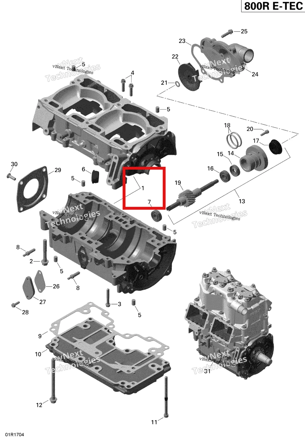 Деталь 420893084 (Картера. С 1 По 7) на схеме узла 2019 Ski-Doo EXPEDITION XTREME 800R E-TEC Crankcase And Water Pump - 800R E-Tec
