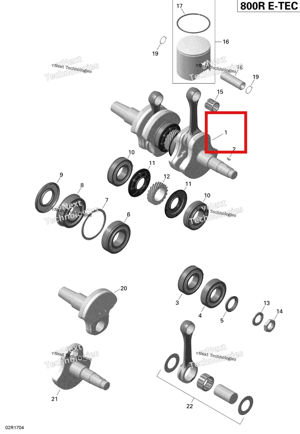 Деталь 420893480 (Деталь Crankshaft Ass´y. Includes 1 To 12) на схеме узла 2019 Ski-Doo EXPEDITION XTREME 800R E-TEC Crankshaft And Pistons - 800R E-Tec