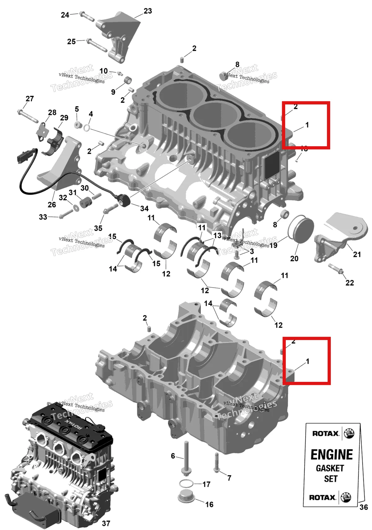 Деталь 420893514 (Цилиндр блок W втулка включает 1 to 10 Sea-Doo GTX 300 (2020) (420893514)) на схеме узла 2025 Sea-Doo GTX - 300 - STD - 15SA - Blue Abyss - Audio Rotax - Crankcase
