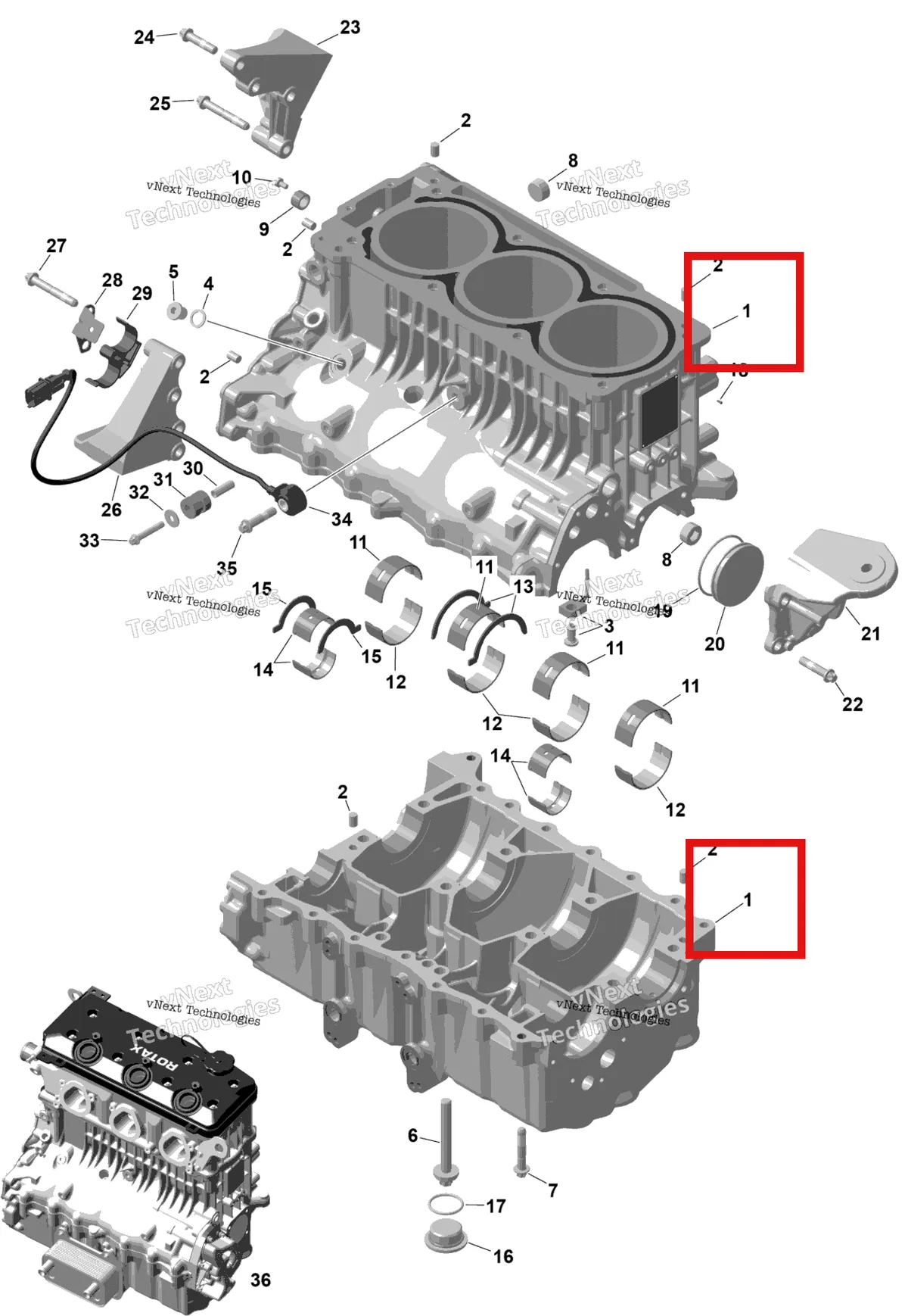 Деталь 420893521 (Цилиндр блок включает no 1 10 Sea-Doo GTX 170 (2023) (420893521)) на схеме узла 2025 Sea-Doo WAKE - BASE - 35SC - Northern Lichen Rotax - Crankcase