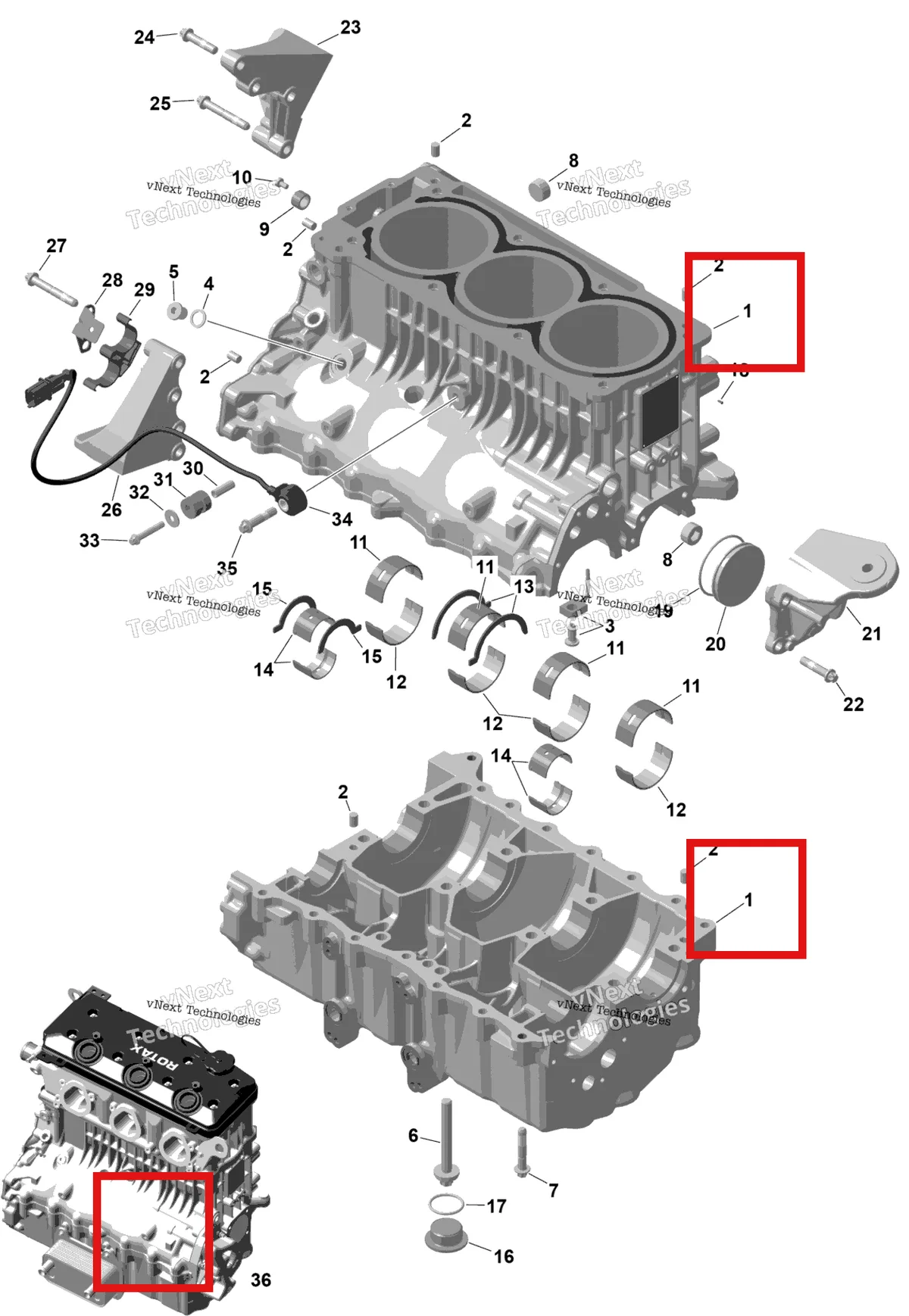 Деталь 420893522 на схеме узла 2026 Sea-Doo WAKE - 170 - BASE - 35TH - Teal Blue Metalic Rotax - Crankcase