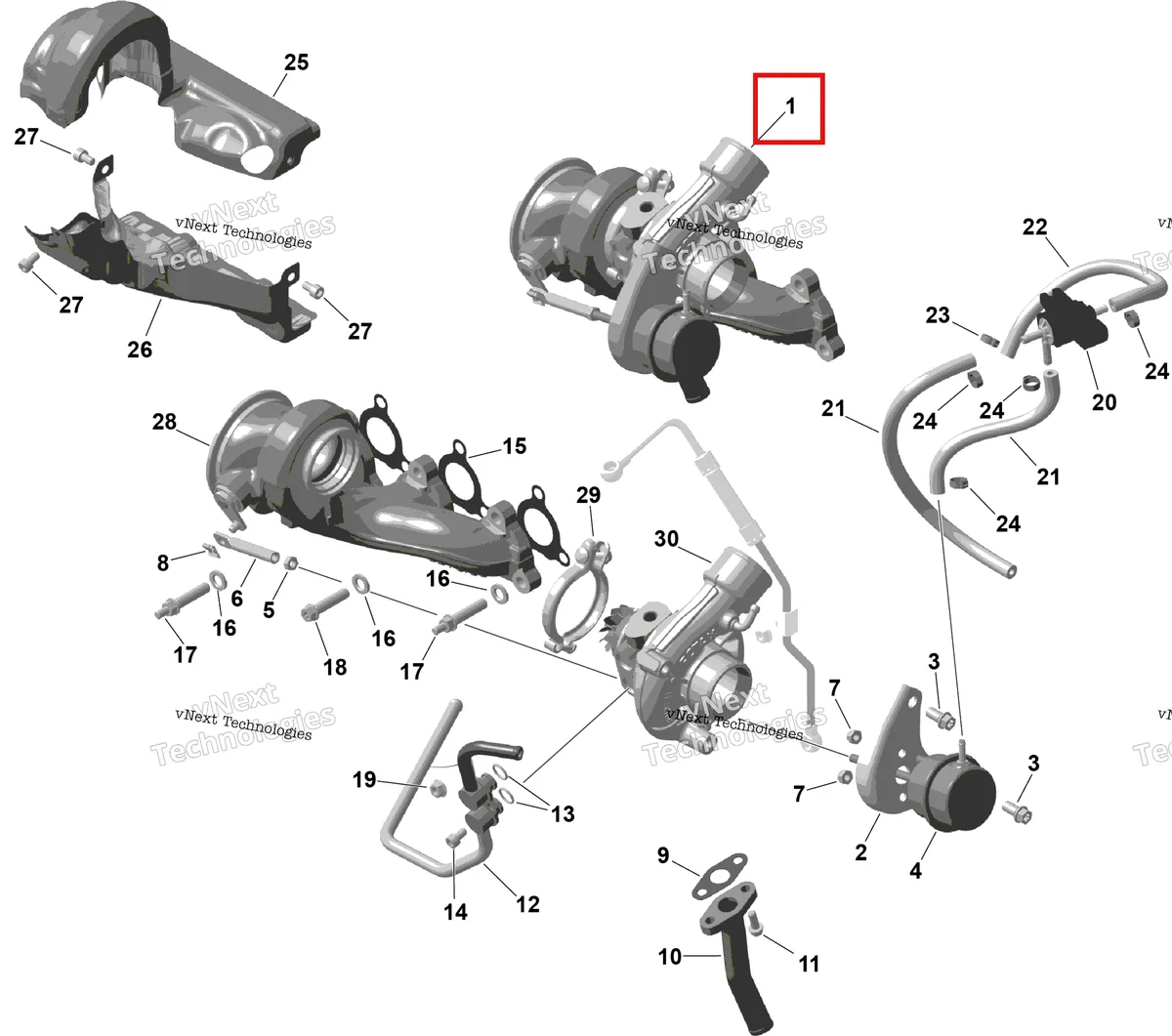 Деталь 420893744 (Turbocharger в сборе включает 1 to 11 Can-Am Maverick Turbo RR XRC (2022) (420893744)) на схеме узла 2026 Can-Am Maverick Max - TURBO RR - DS - 7UTA - Scandi Blue - 64