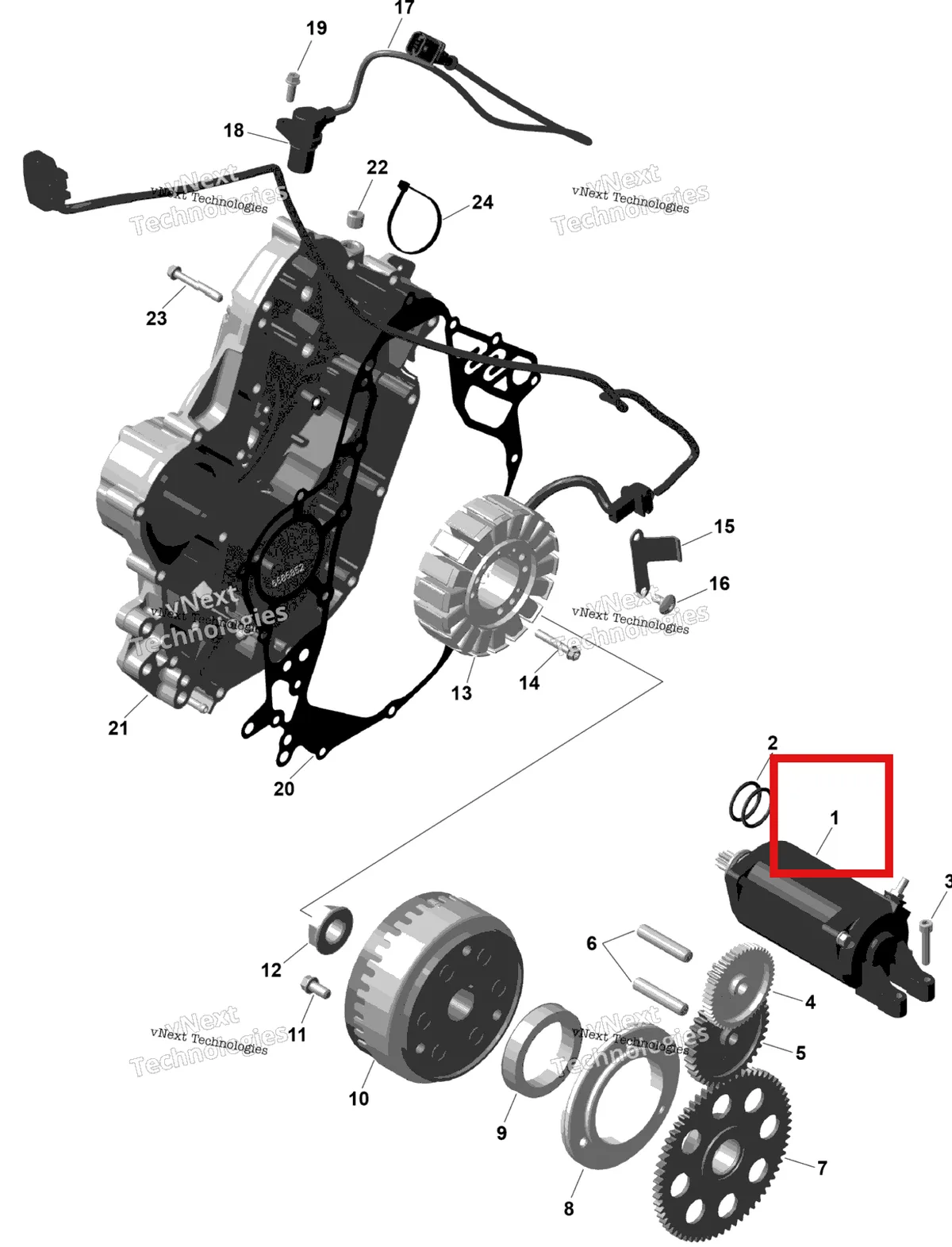 Деталь 420893837 (Электрический стартер в сборе Can-Am Outlander 4x4 XT 1000R (2025) (420893837)) на схеме узла 2026 Can-Am OUTLANDER - 4X4 - XT - 1000R - 4FTB - CALI - Platinum Silver Satin Rotax - Magneto And Electric Starter
