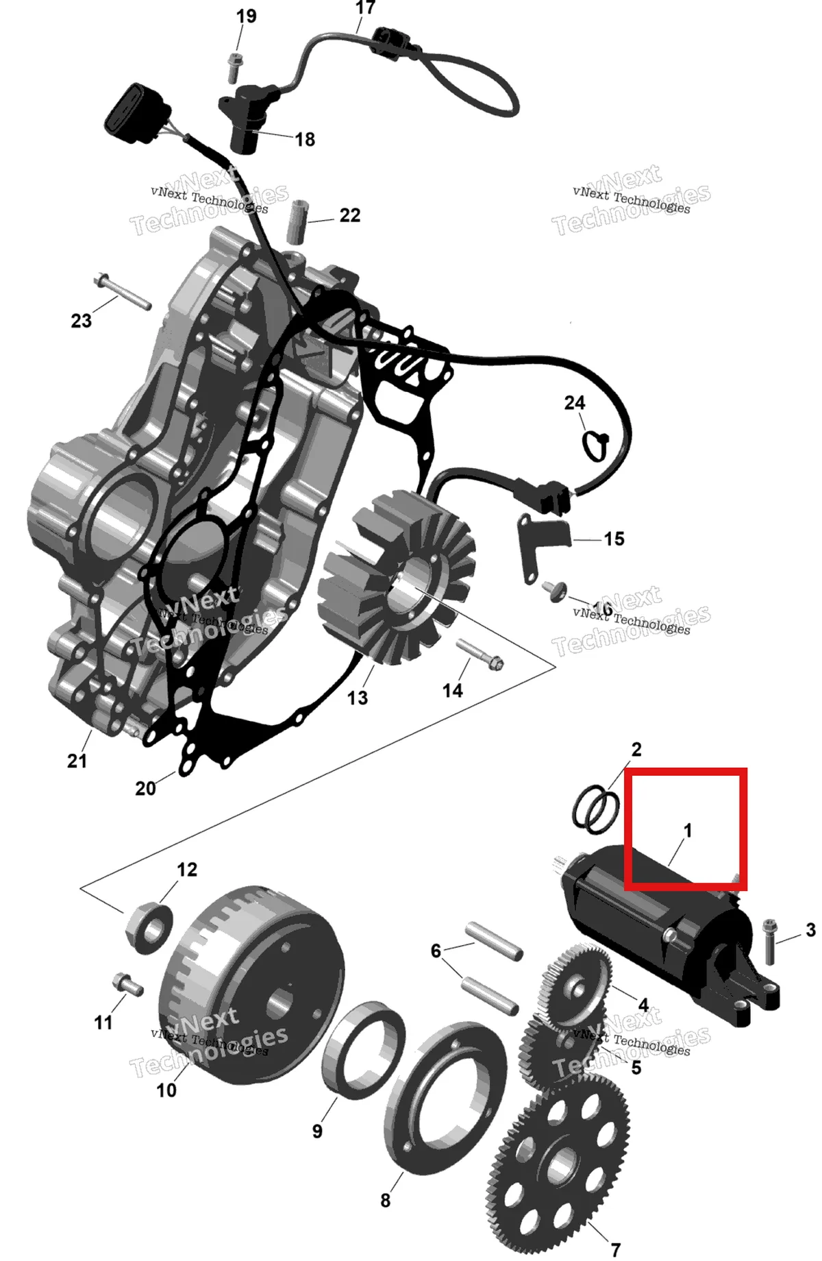 Деталь 420893838 (Стартер в сборе Can-Am Outlander 4x4 DPS 700 (2025) (420893838)) на схеме узла 2026 Can-Am OUTLANDER - 4X4 - STD - 700 - 1CTB - CALI - Granite Grey Rotax - Magneto And Electric Starter