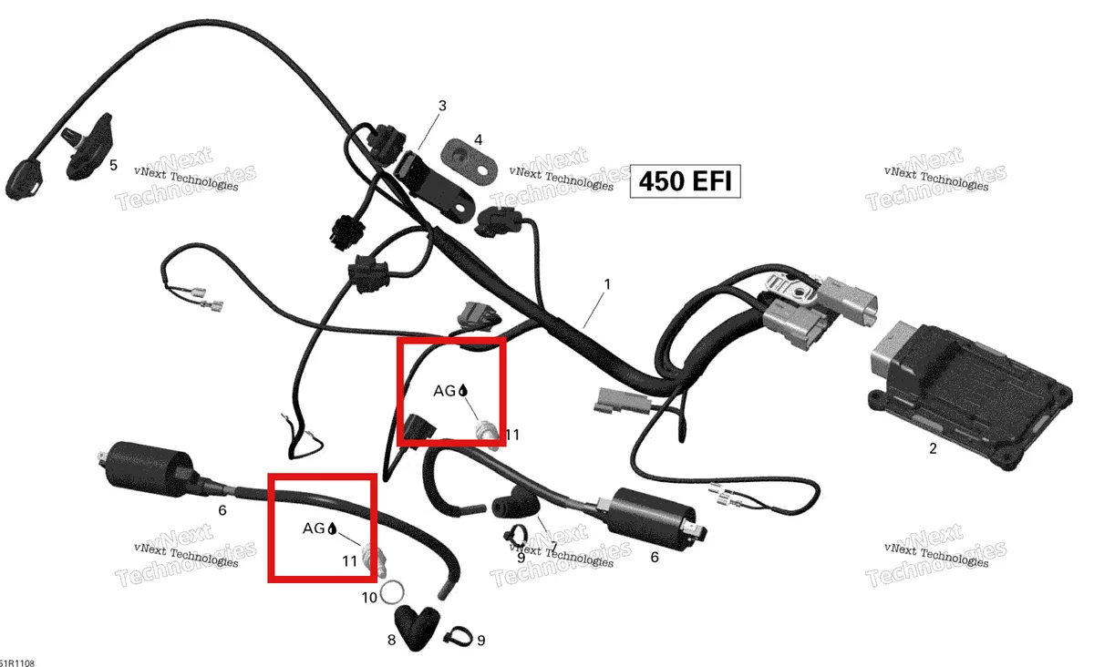 Деталь 420897186 на схеме узла 2011 Can-Am DS 450 EFI Engine Harness And Electronic Module