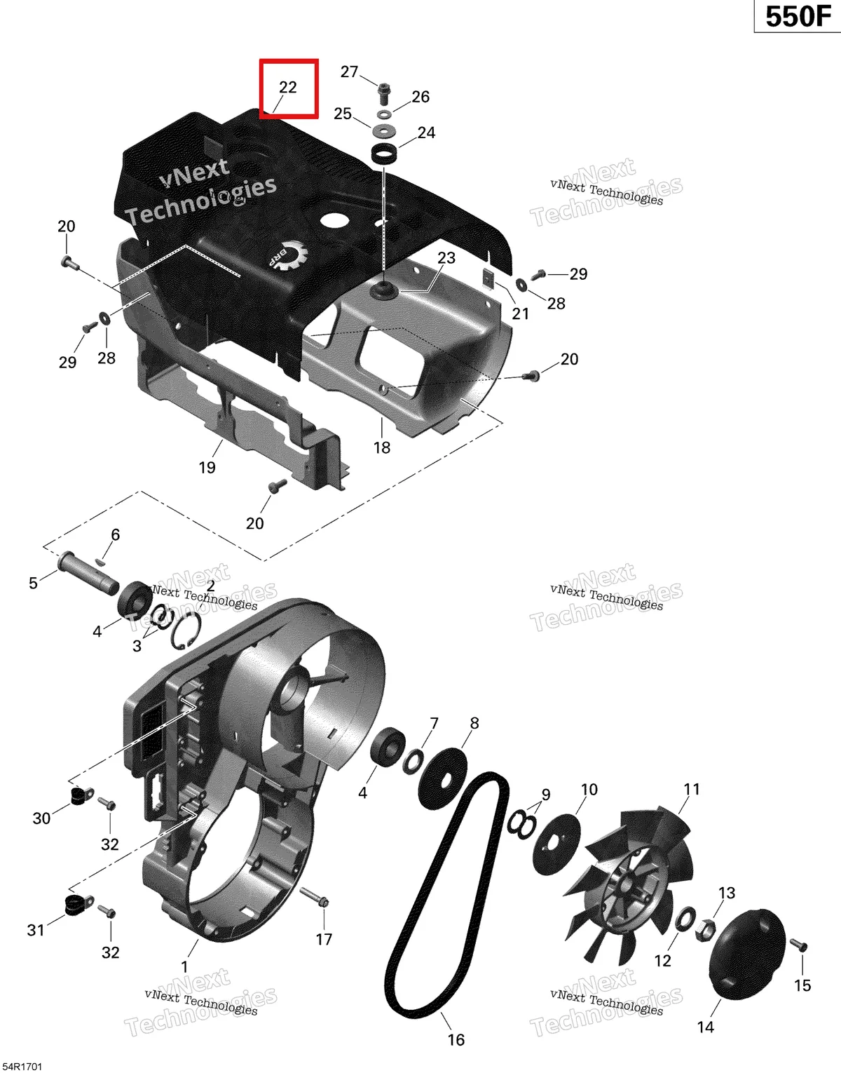 Деталь 420910837 (Нижняя обшивка) на схеме узла 2020 Ski-Doo EXPEDITION SPORT 550F Engine - Fan And Cylinder Cowls - 550F