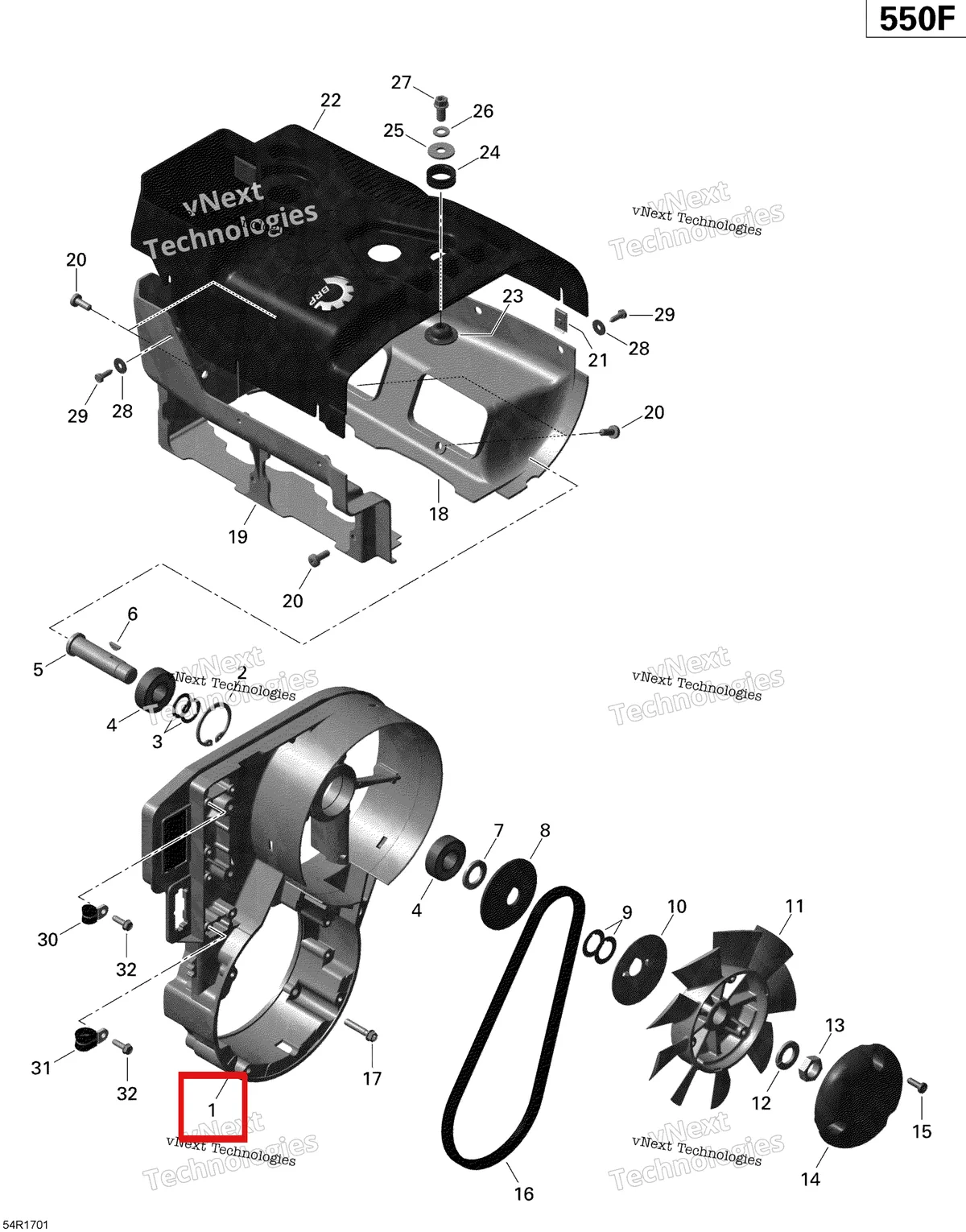 Деталь 420912230 (Корпус вентилятора) на схеме узла 2020 Ski-Doo EXPEDITION SPORT 550F Engine - Fan And Cylinder Cowls - 550F