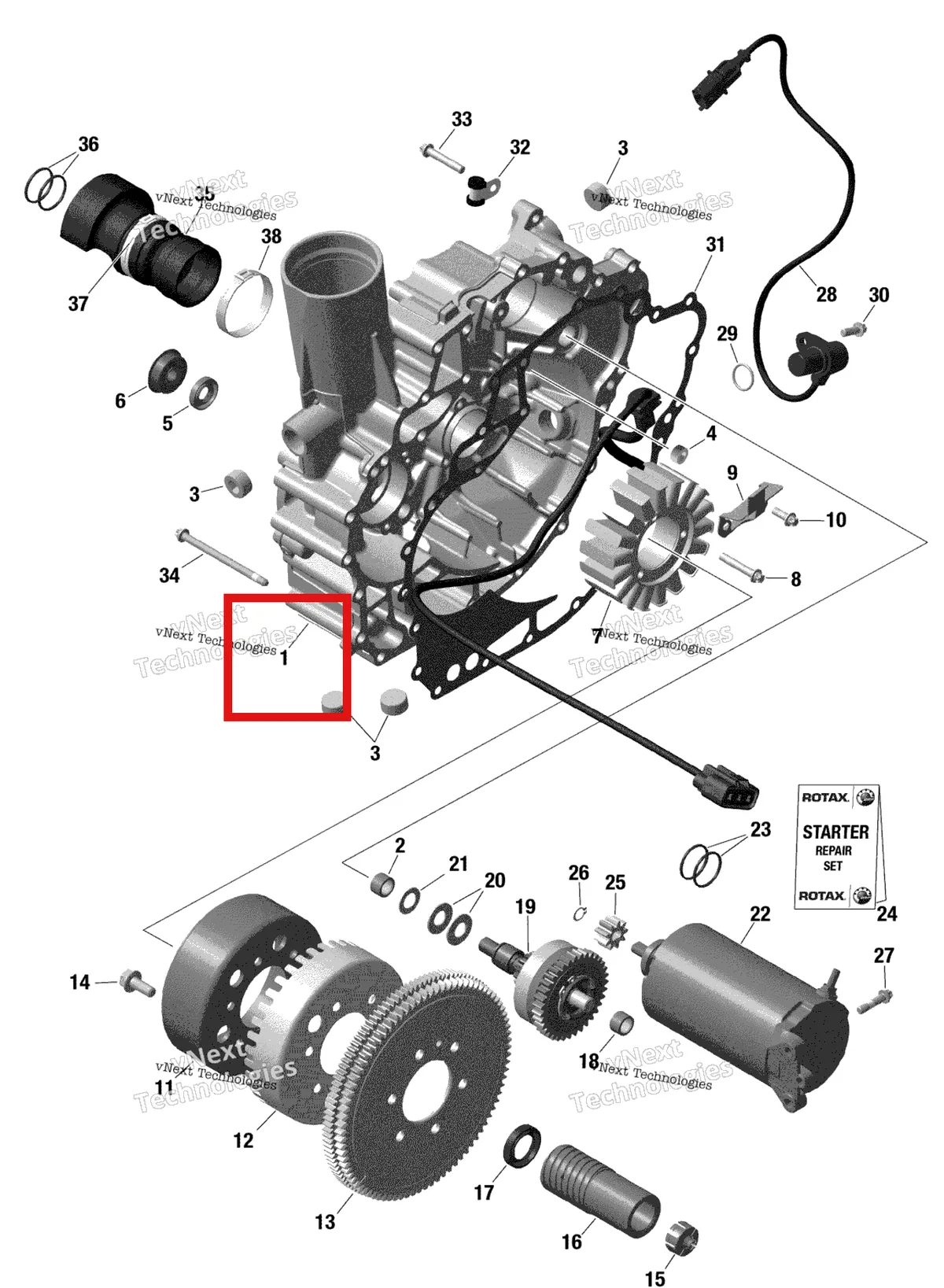 Деталь 420912262 на схеме узла 2021 Sea-Doo WAKE PRO 230 Rotax - Magneto And Electric Starter Without Idf
