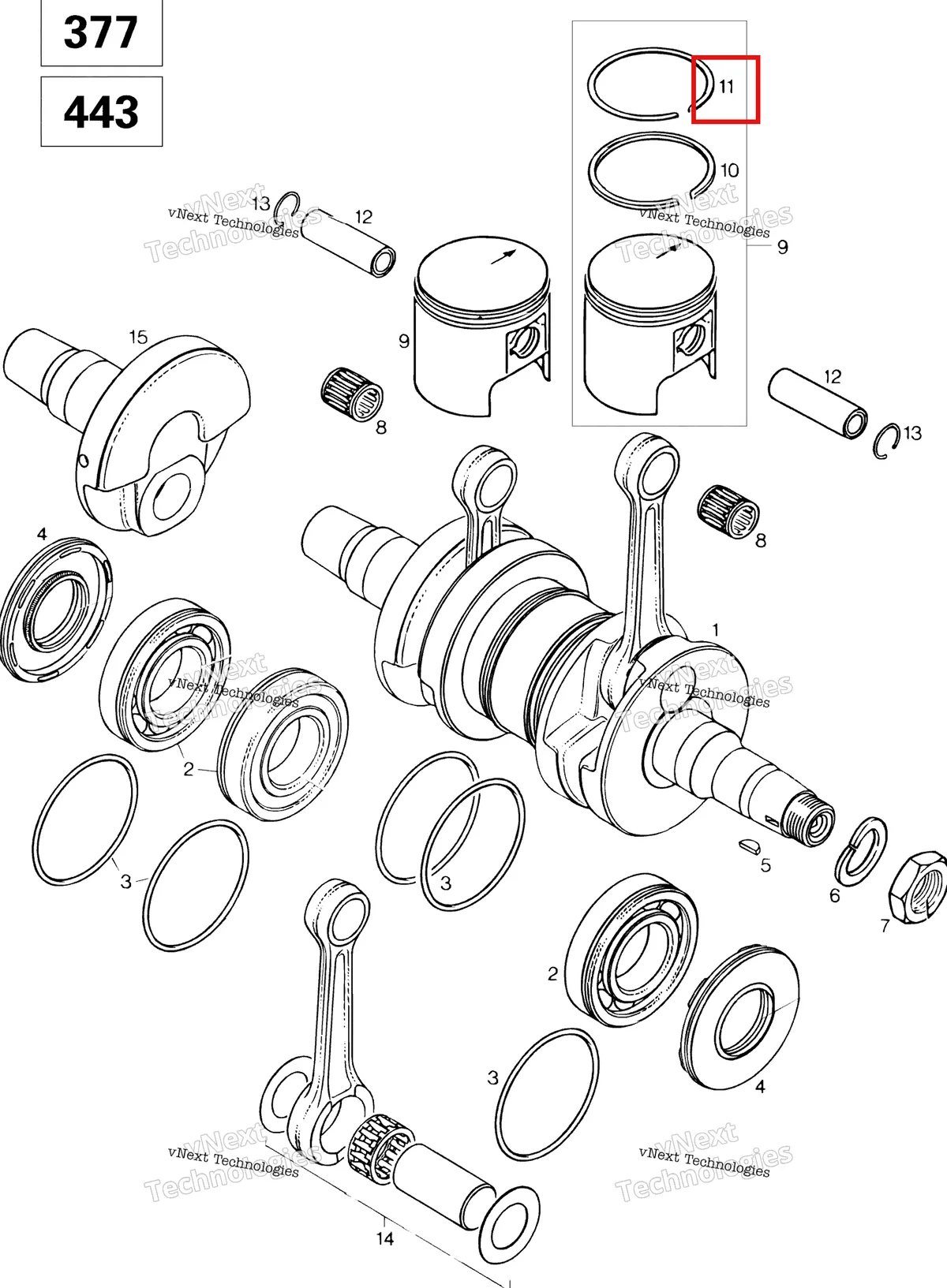 Деталь 420915846 (Деталь Semi-trapez Ring 67.75 Mm) на схеме узла 1996 Ski-Doo Touring LE Crankshaft And Pistons 443
