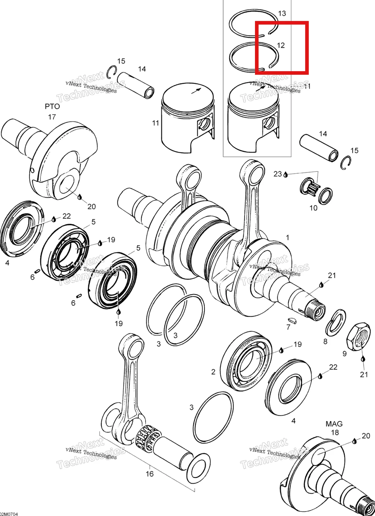Деталь 420915961 (Деталь Rectangular Ring 67.75 Mm) на схеме узла 2007 Ski-Doo Skandic LT 440F Crankshaft And Pistons