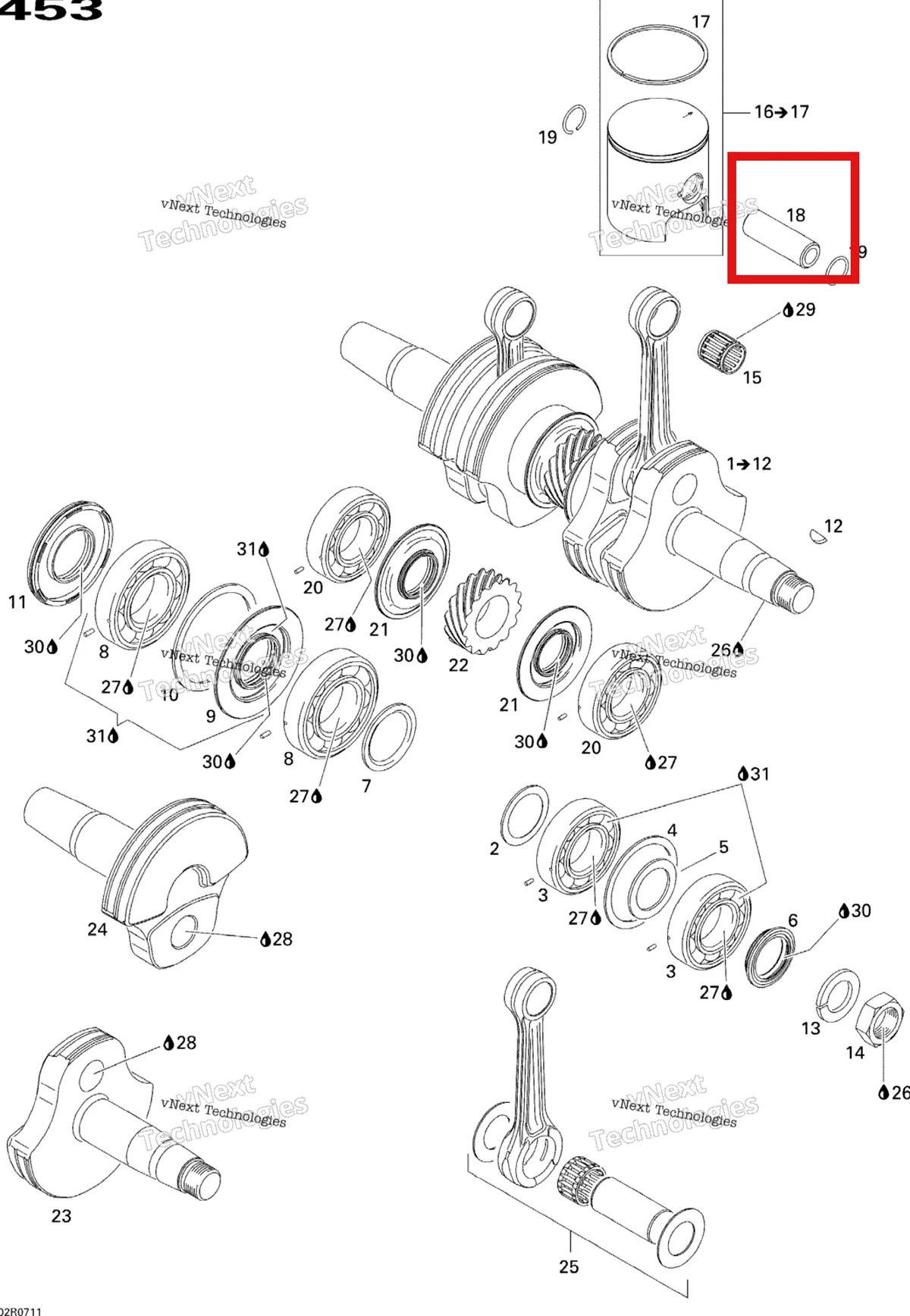 Деталь 420916136 (Палец поршневой) на схеме узла 2007 Ski-Doo MX Z 440X Racing Crankshaft And Pistons