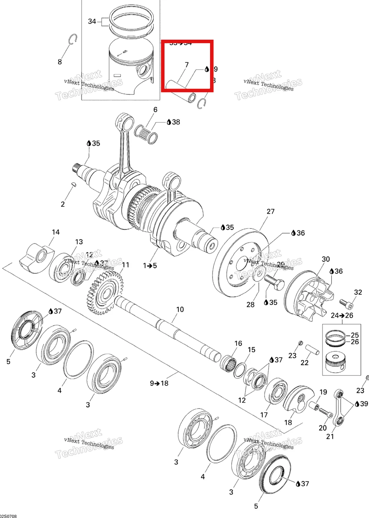 Деталь 420916398 на схеме узла 2007 Sea-Doo 3D 947 DI Crankshaft And Pistons