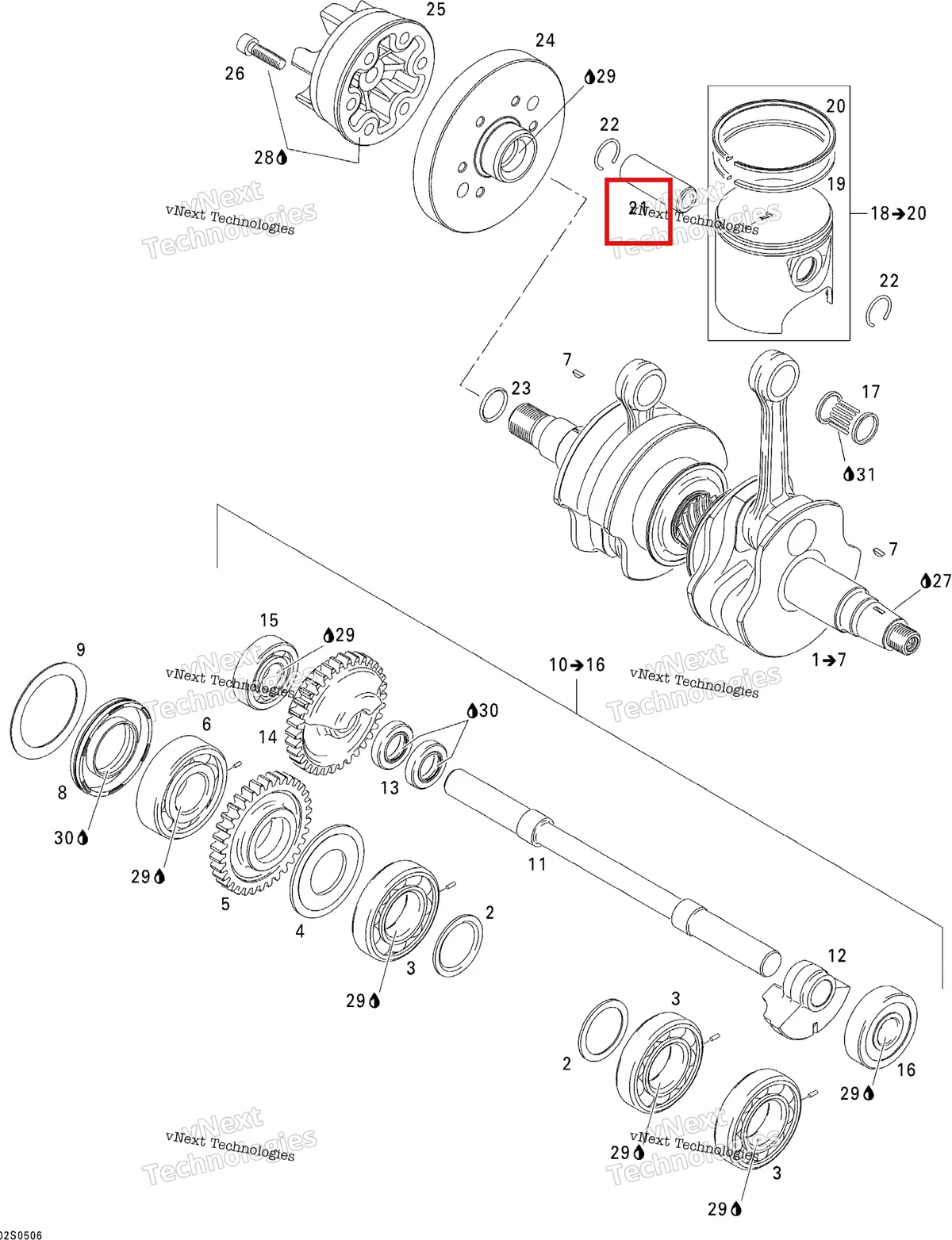 Деталь 420916404 на схеме узла 2005 Sea-Doo 3D RFI Crankshaft, Pistons And Balance Shaft