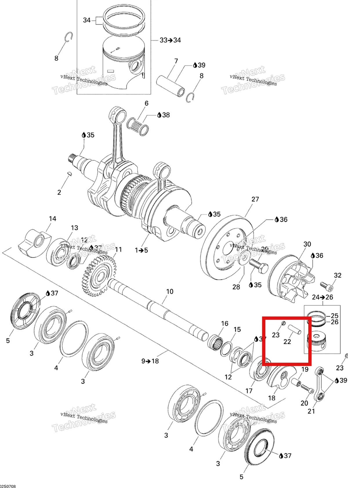Деталь 420916430 на схеме узла 2007 Sea-Doo 3D 947 DI Crankshaft And Pistons
