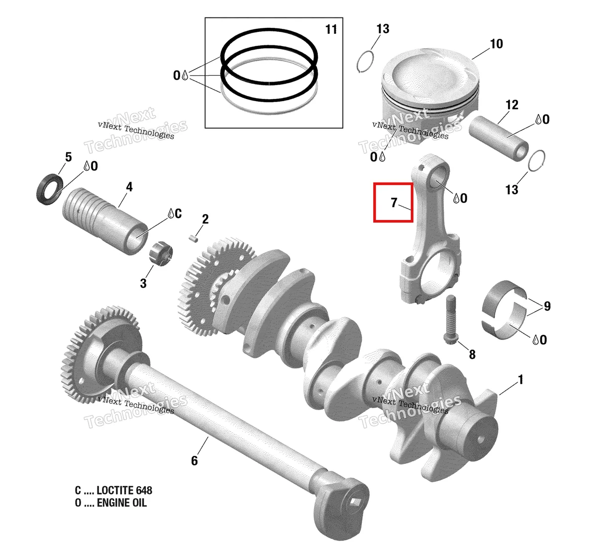 Деталь 420917516 на схеме узла 2019 Sea-Doo GTR 230 Crankshaft, Pistons And Balance Shaft