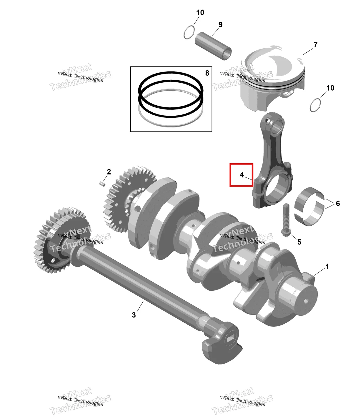 Деталь 420917779 на схеме узла 2025 Sea-Doo GTI - 130 - STD - 38SC - Bright White Rotax - Crankshaft And Pistons