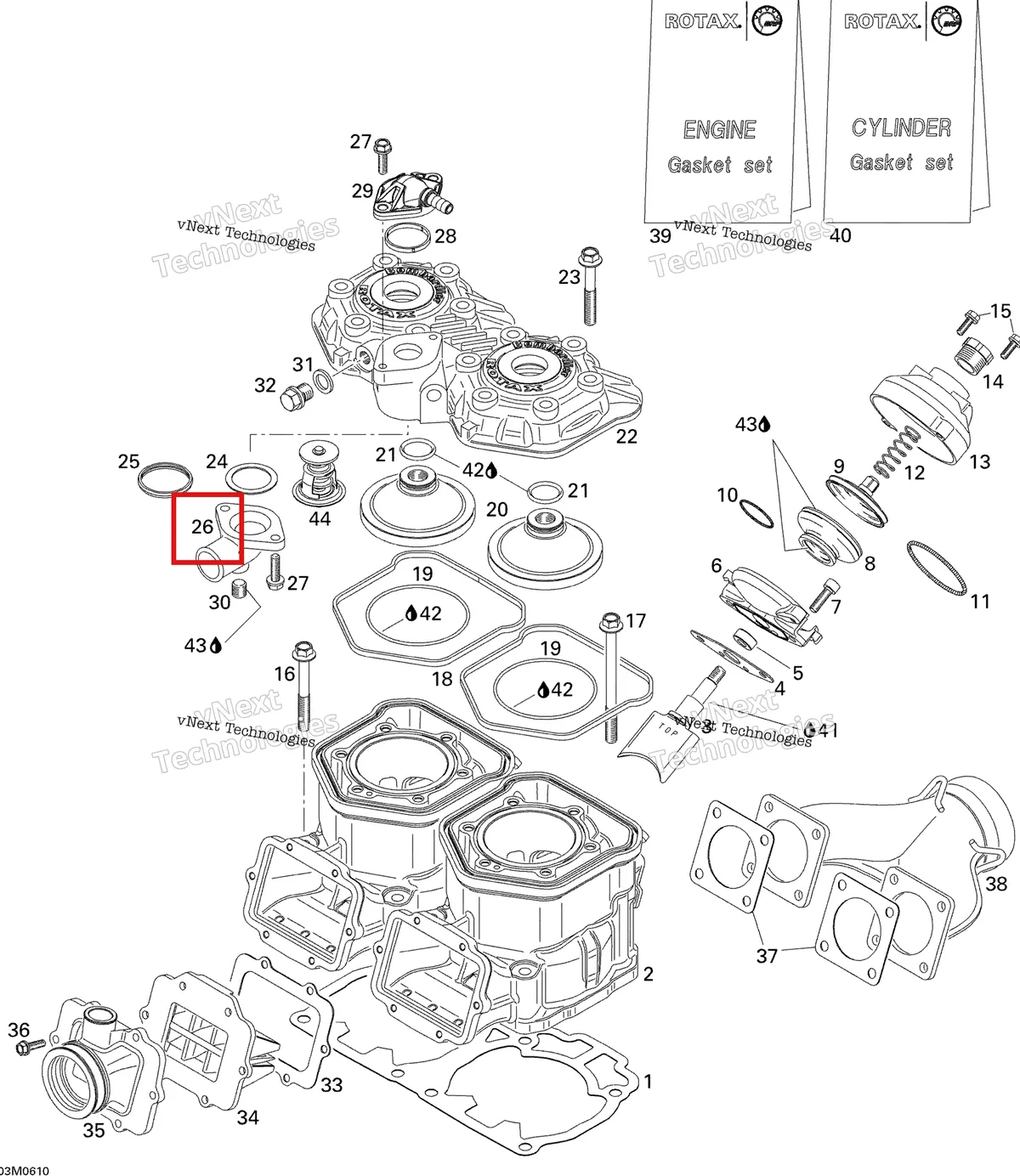 Деталь 420922061 (Деталь Water Outlet Socket) на схеме узла 2006 Ski-Doo MX Z 440 Racing Cylinder And Exhaust Manifold