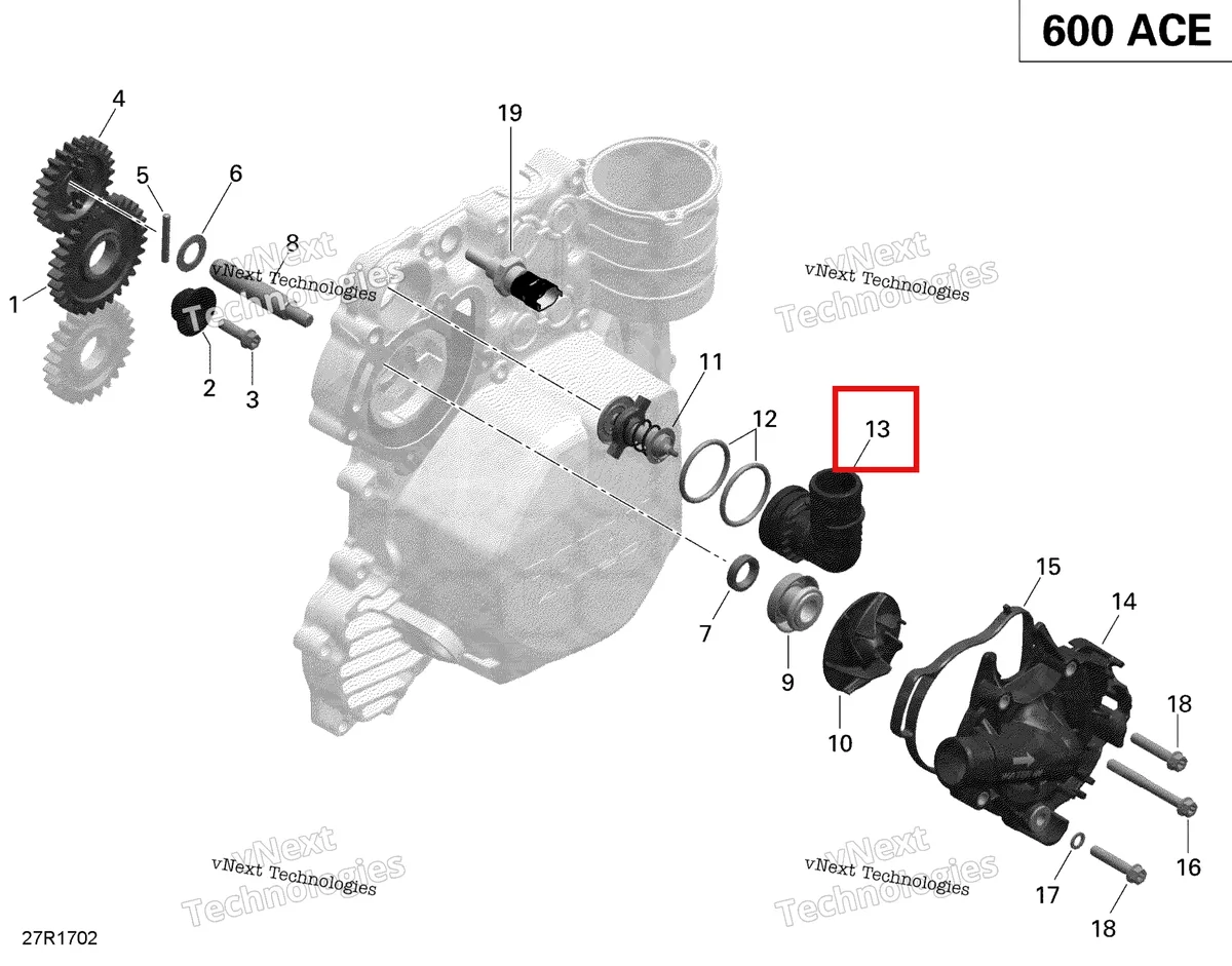 Деталь 420922150 (Крышка термостата) на схеме узла 2019 Ski-Doo EXPEDITION SPORT 600 ACE Engine Cooling - 600 Ace