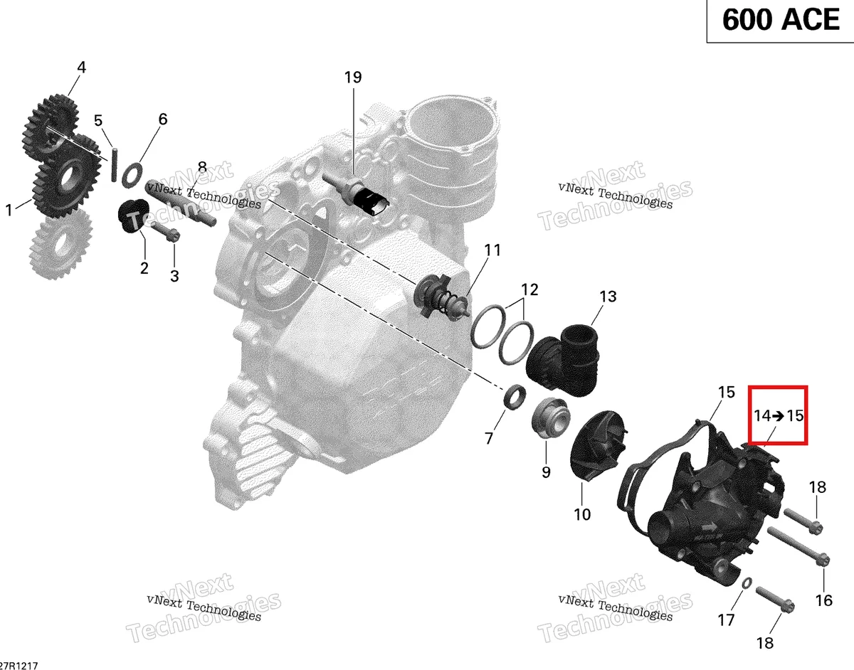 Деталь 420922290 (Корпус водяной помпы) на схеме узла 2012 Ski-Doo Expedition Sport 600ACE LFF Engine Cooling