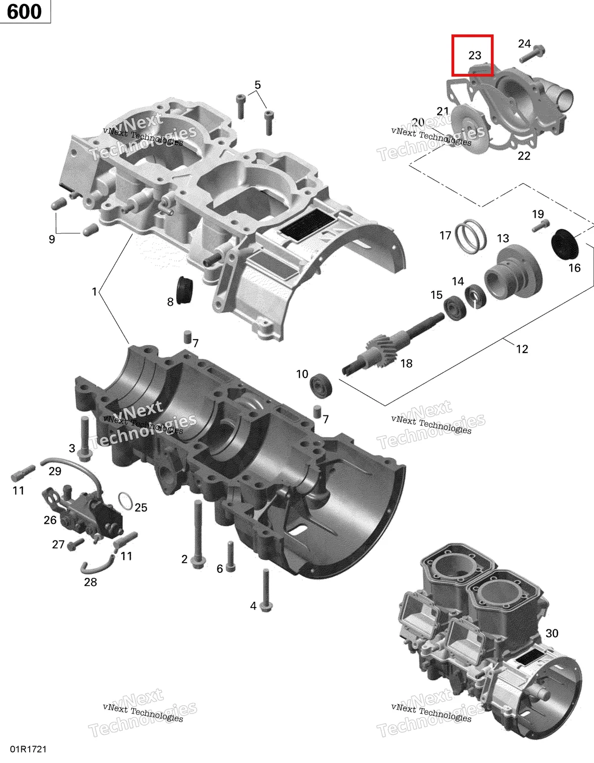 Деталь 420922630 (Корпус водяной помпы) на схеме узла 2020 Ski-Doo MXZ 600 CARB Engine - Crankcase, Water Pump And Oil Pump - 600 Carb