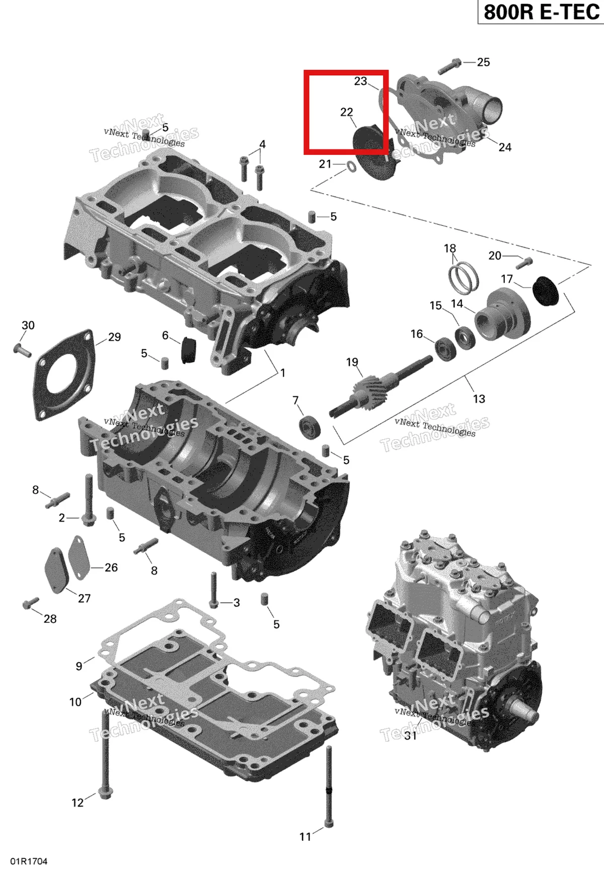 Деталь 420922805 (Импиллер) на схеме узла 2019 Ski-Doo EXPEDITION XTREME 800R E-TEC Crankcase And Water Pump - 800R E-Tec