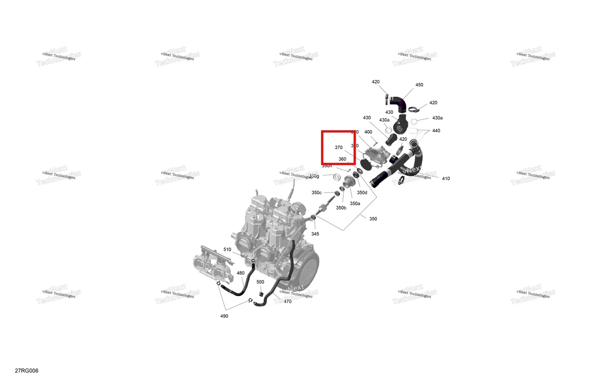 Деталь 420922808 на схеме узла 2027 Ski-Doo SUMMIT - Adrenaline - 850 E-TEC - CEVC - Northern Lichen - 16X154X2.5PLF Track Rotax - Engine Cooling