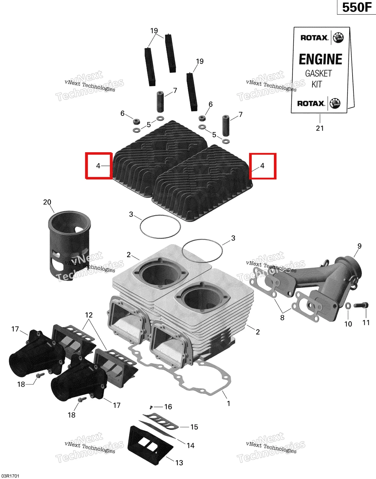 Деталь 420923597 (Цилиндр) на схеме узла 2020 Ski-Doo EXPEDITION SPORT 550F Engine - Cylinder, Exhaust Manifold And Reed Valve - 550F