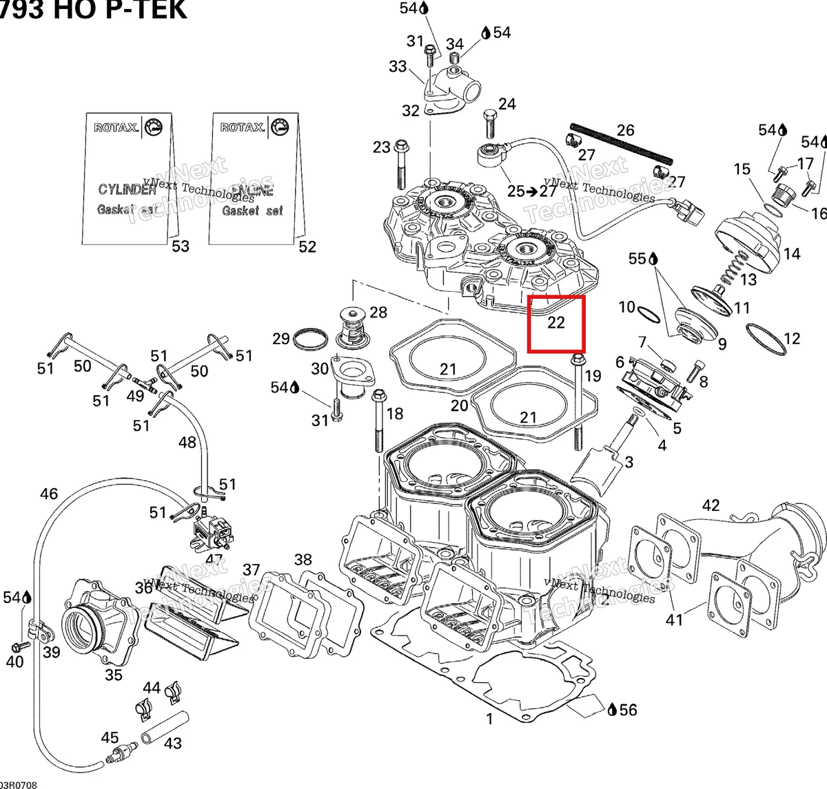 Деталь 420923828 (Цилиндр) на схеме узла 2007 Ski-Doo MX Z XRS 800 HO PTEK Cylinder, Exhaust Manifold And Reed Valve