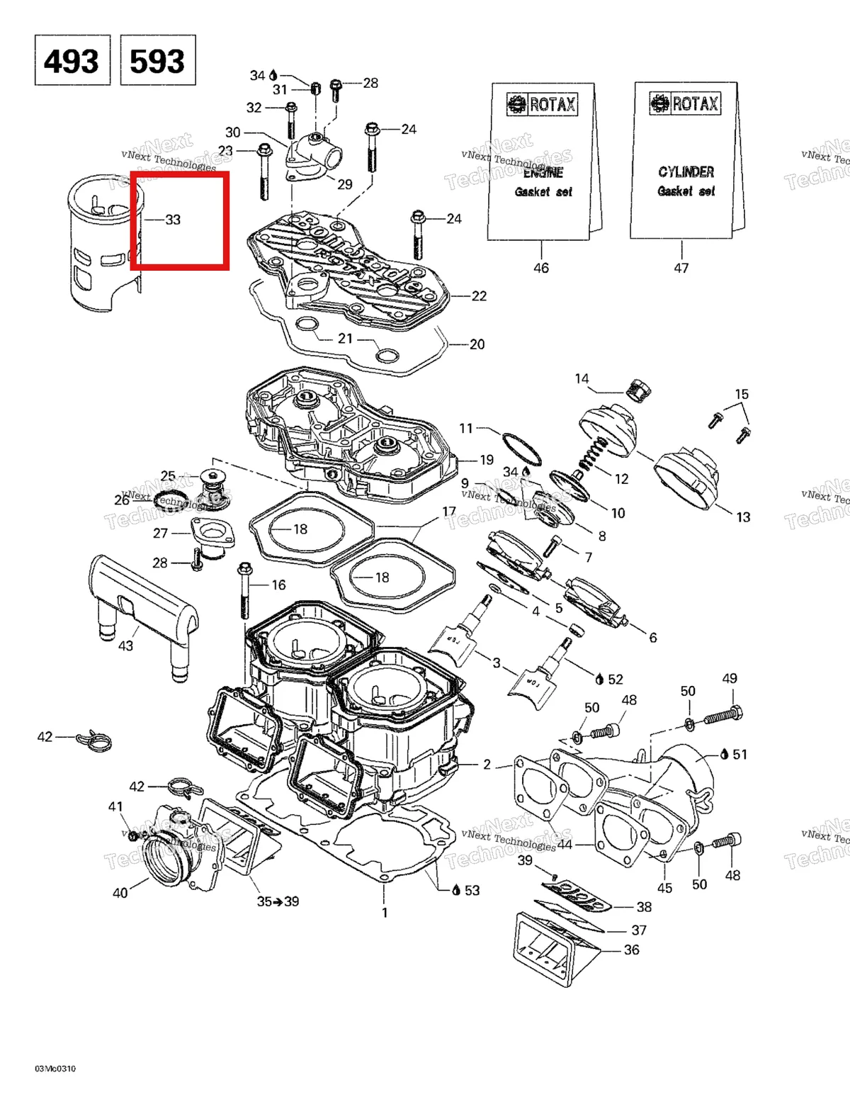 Деталь 420923861 (Деталь Cylinder Sleeve) на схеме узла 2003 Ski-Doo Grand Touring 500/600/700 Cylinder, Exhaust Manifold, Reed Valve (493