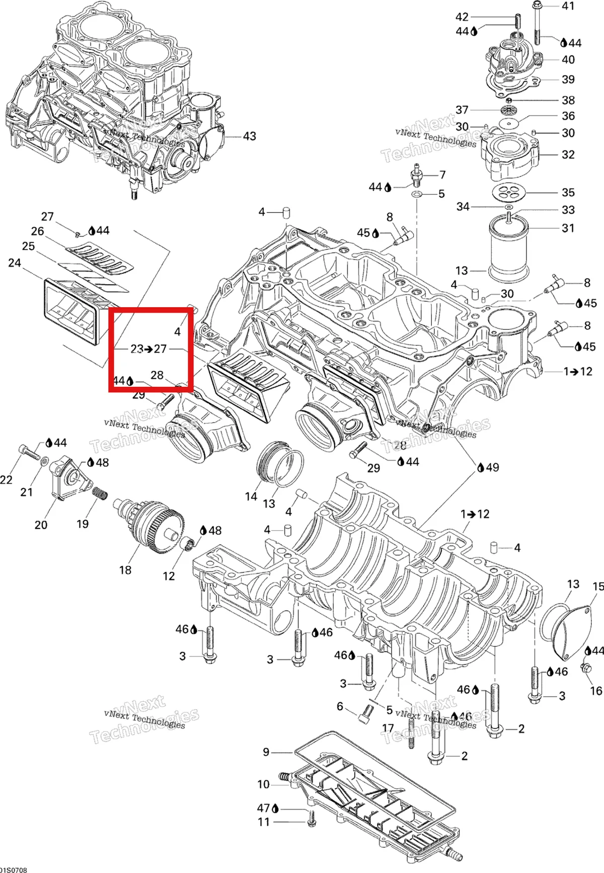 Деталь 420924602 на схеме узла 2007 Sea-Doo 3D 947 DI Crankcase And Reed Valve